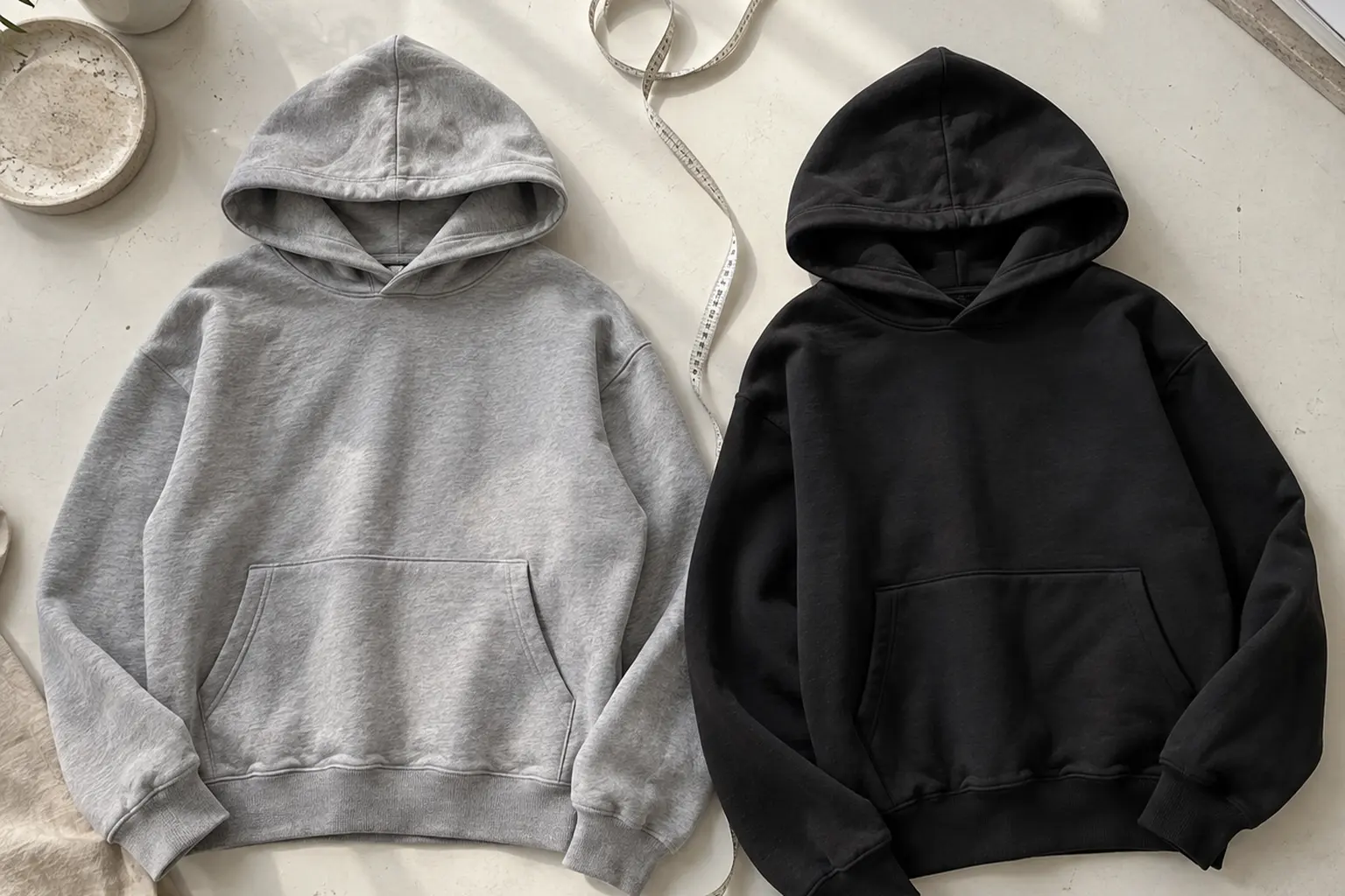 Photograph a hoodie laid flat beside a flexible measuring tape and a second reference hoodie on a pale studio worktable,