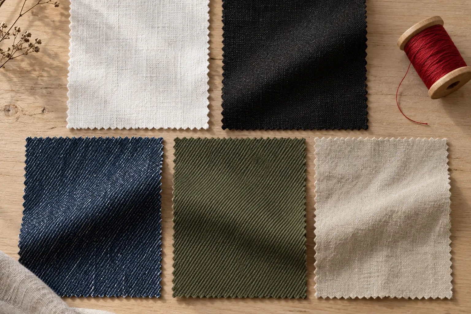 A close overhead view of fabric swatches in white, black, indigo denim, olive twill and stone cotton arranged in a grid 
