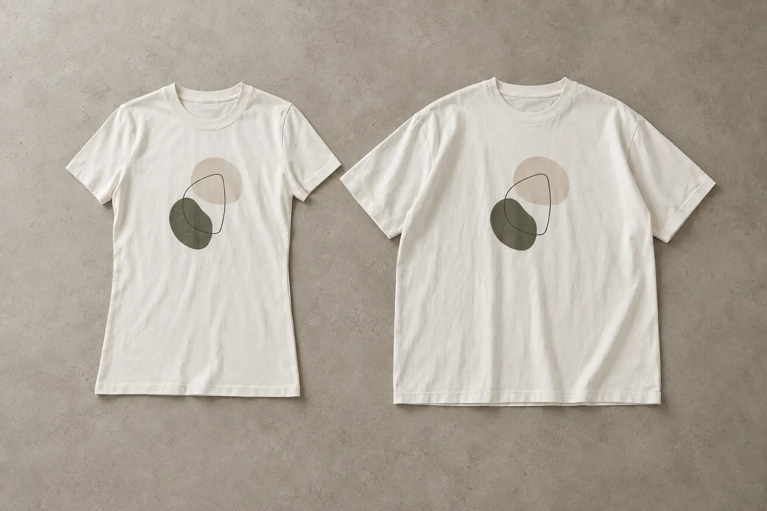 Create an overhead editorial composition of two unbranded tees with different body widths but the same modest abstract p