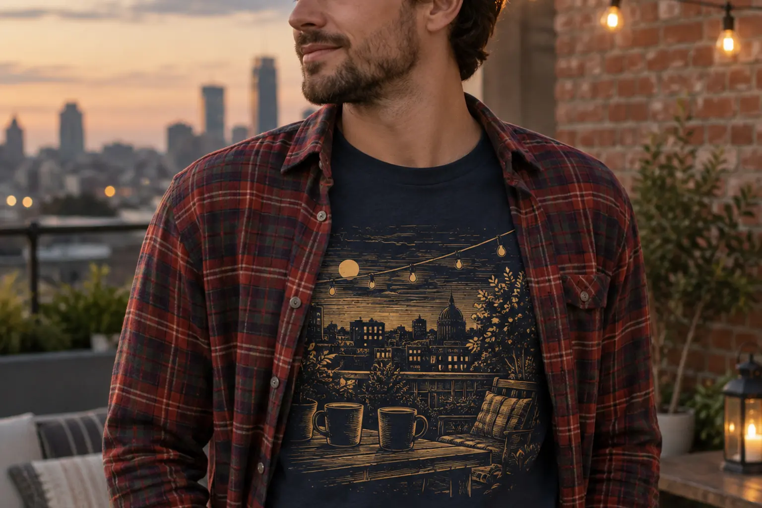 A navy long-sleeve tee with an engraved-style rooftop coffee illustration worn under an unbuttoned red plaid flannel, ph