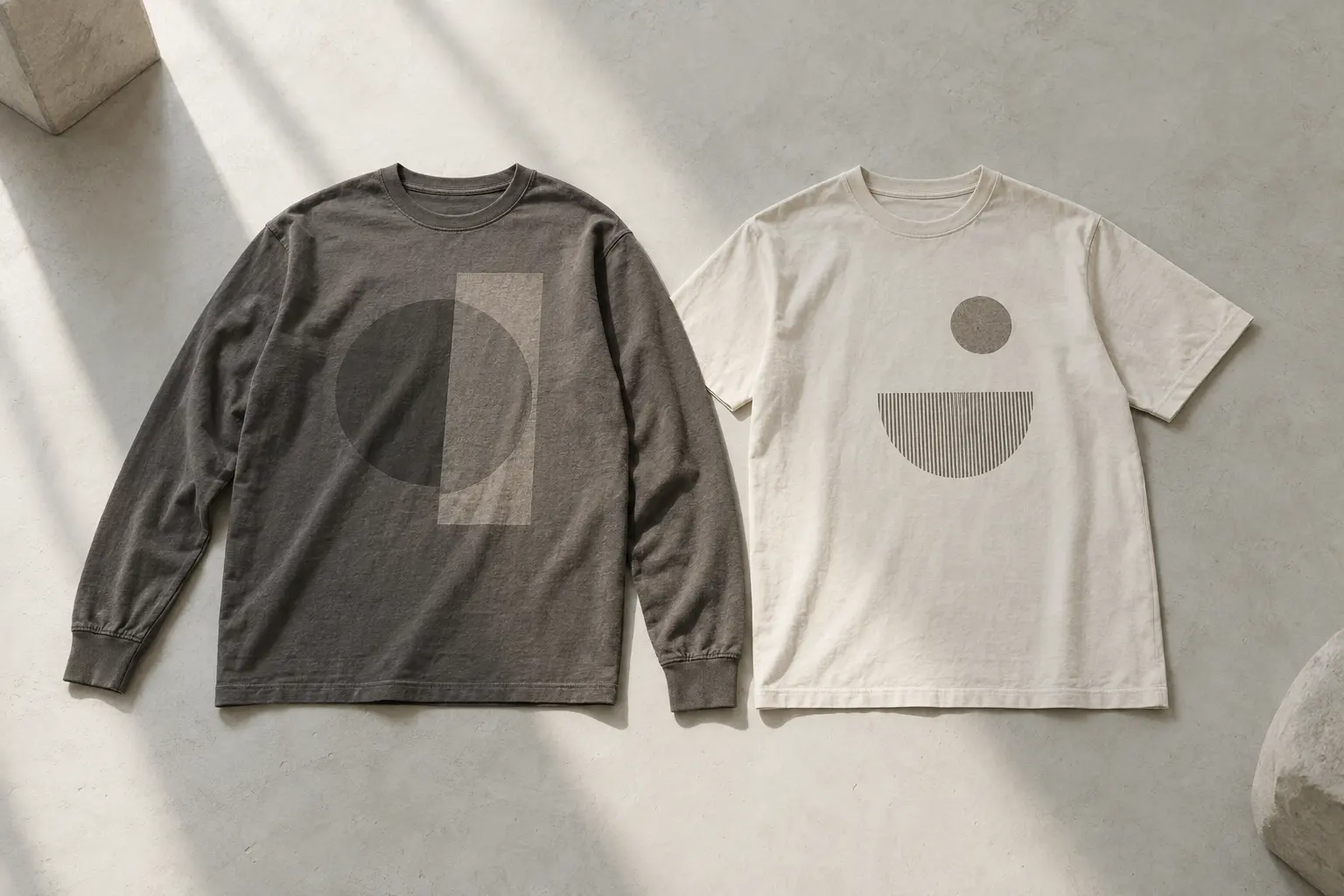 Show an unbranded long-sleeve graphic shirt laid flat beside a short-sleeve crewneck on a pale studio floor, with the sh
