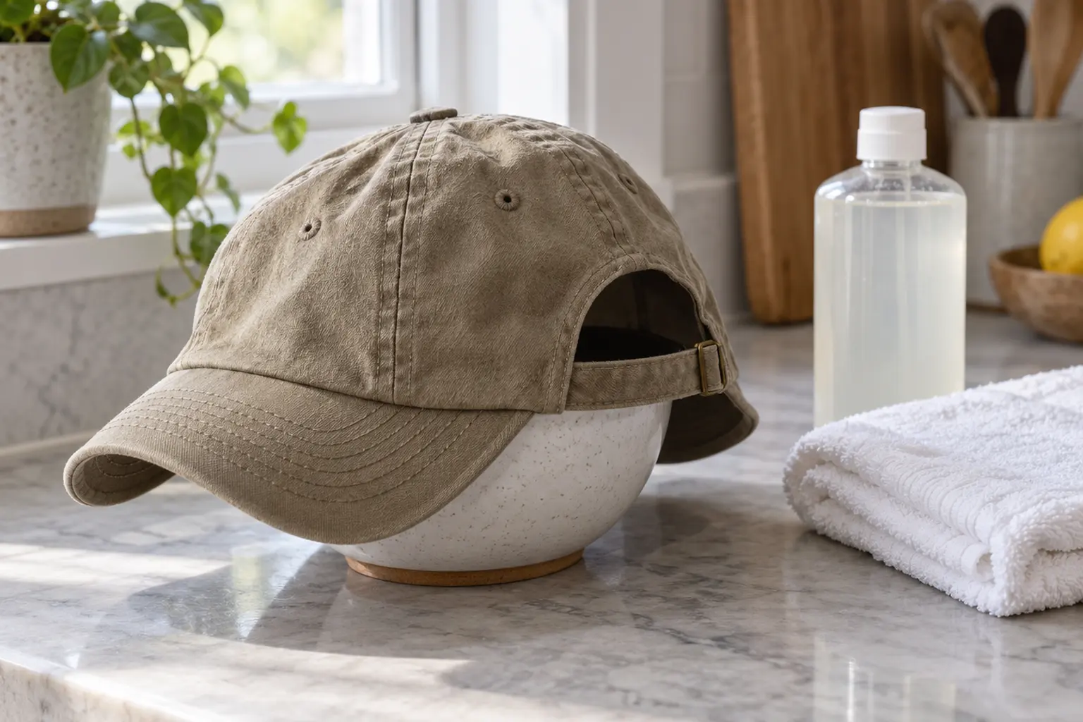 A damp khaki dad hat drying upside-down over a small ceramic bowl on a kitchen counter, a folded white towel and a bottl