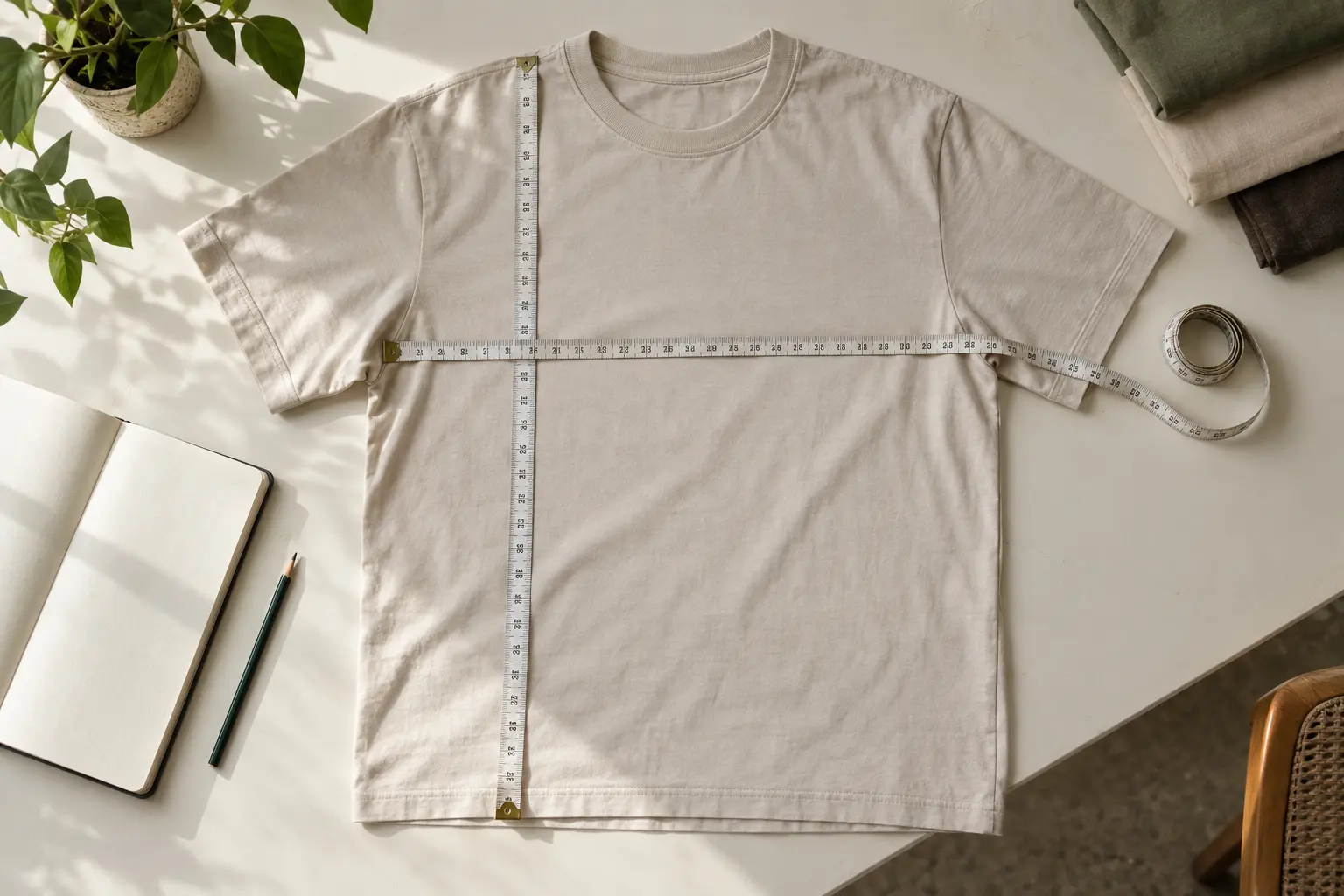 Photograph a neutral cotton crewneck T-shirt laid flat on a light worktable, with a flexible measuring tape positioned a
