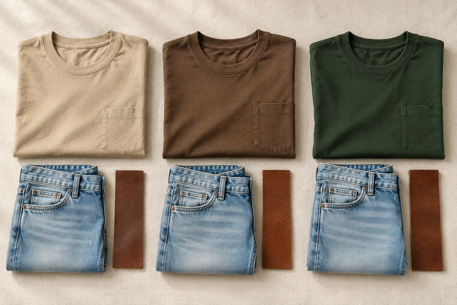 A flat-lay color study on pale canvas showing three folded graphic tees in sand, mocha and forest green, each paired wit