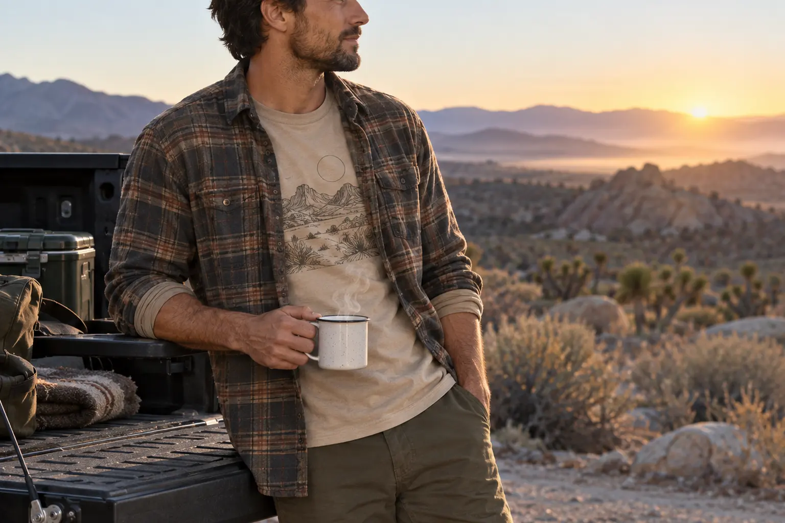 At dawn at a desert pull-off, a person in a sand-colored long-sleeve graphic tee under an unbuttoned flannel overshirt, 