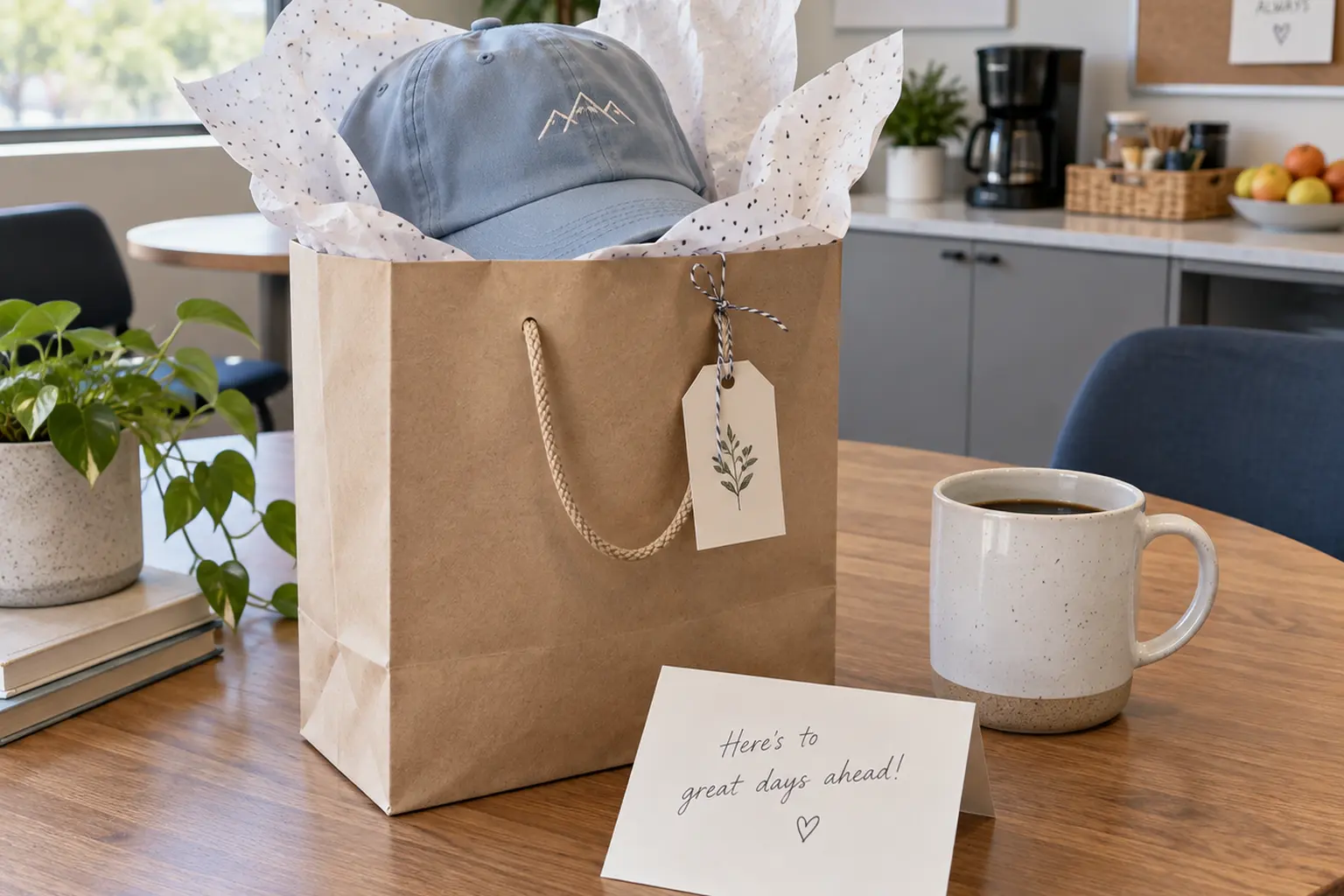 A cozy office break-room table with a small wrapped gift bag, tissue paper puffing out of the top, and a light blue embr