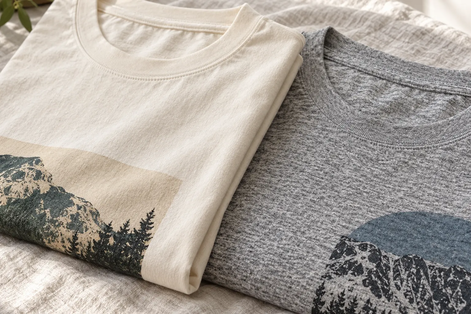 Two cotton T-shirts folded side by side on a light linen surface, one a solid natural cream and one a mottled grey heath