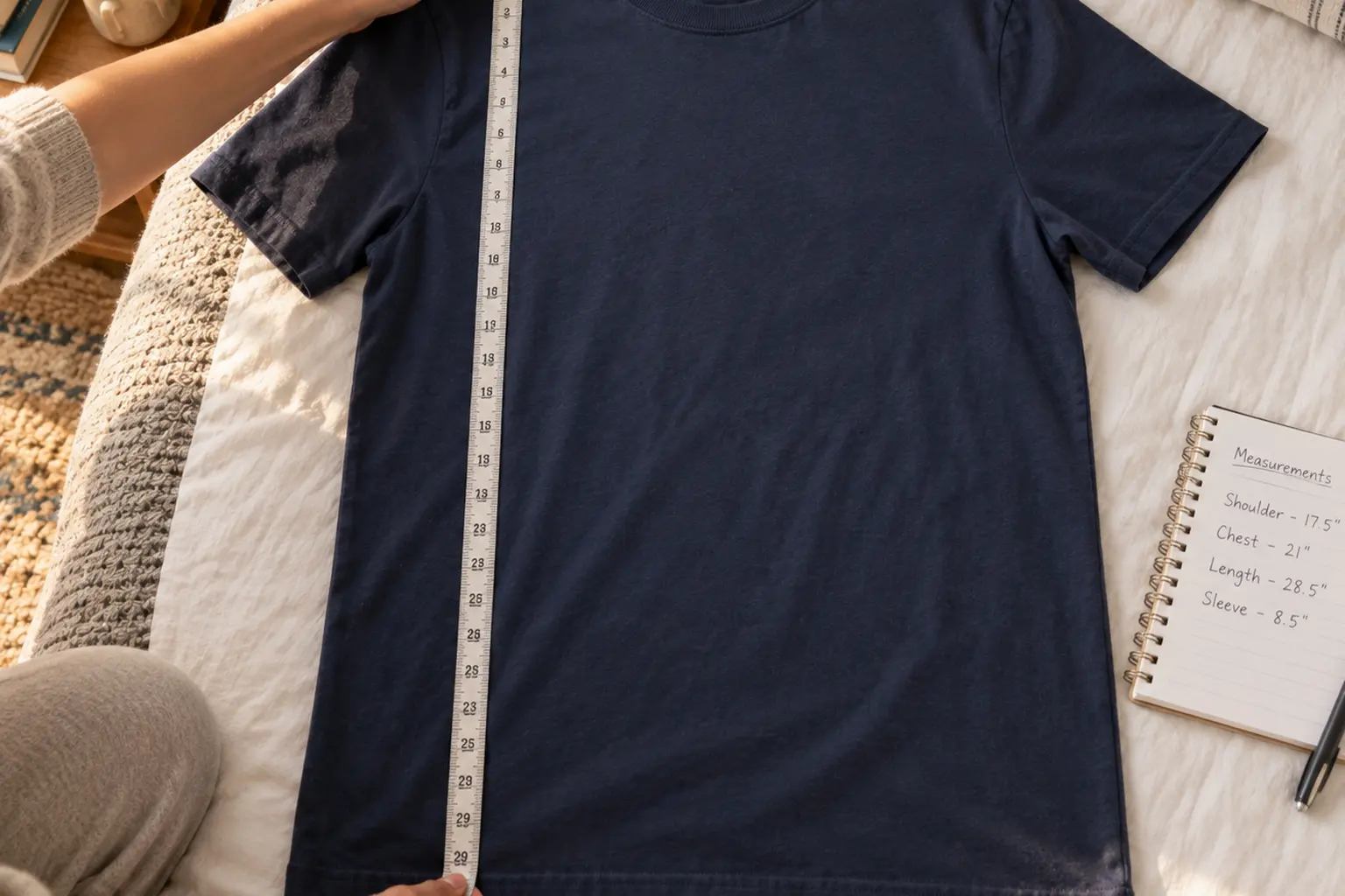 Close overhead view of hands holding a cloth tape measure from the shoulder point at the collar down to the hem of a fla