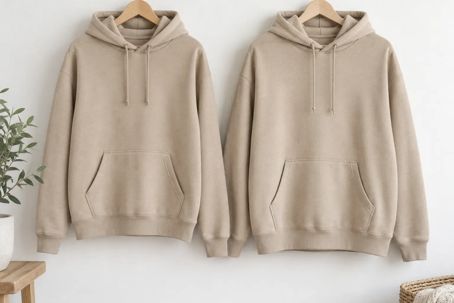 Two identical sand-colored pullover hoodies in adjacent sizes hung side by side on plain wooden hangers against a white