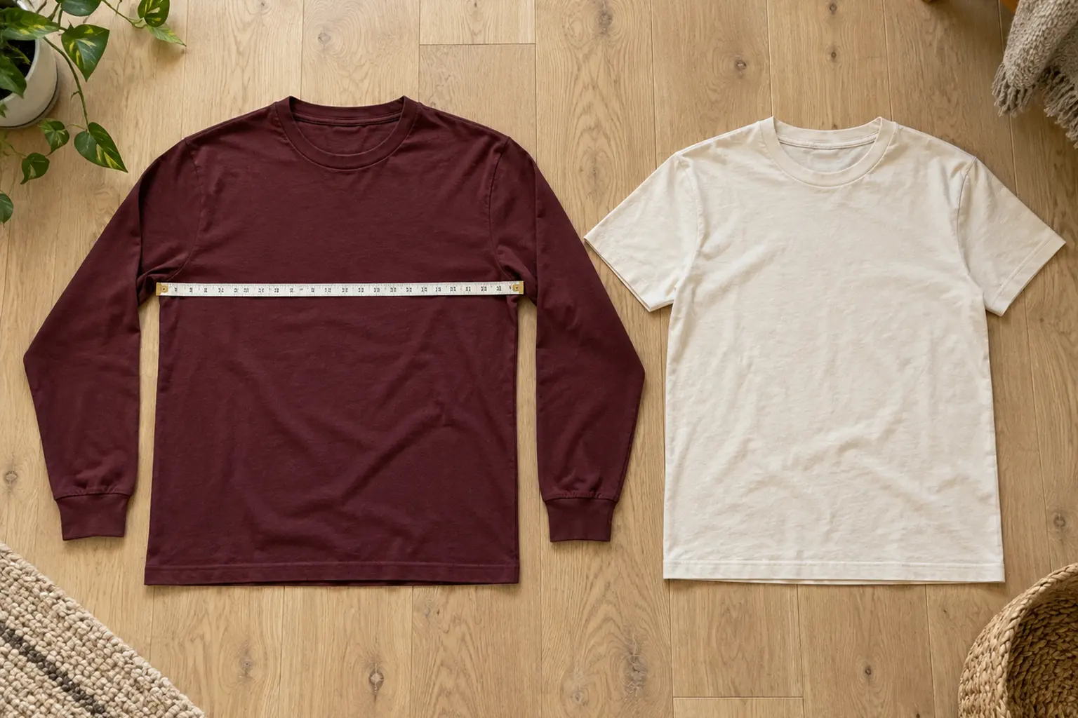 Two flat-laid cotton shirts, one a deep maroon long sleeve and one a natural-colored crewneck tee, side by side on a lig