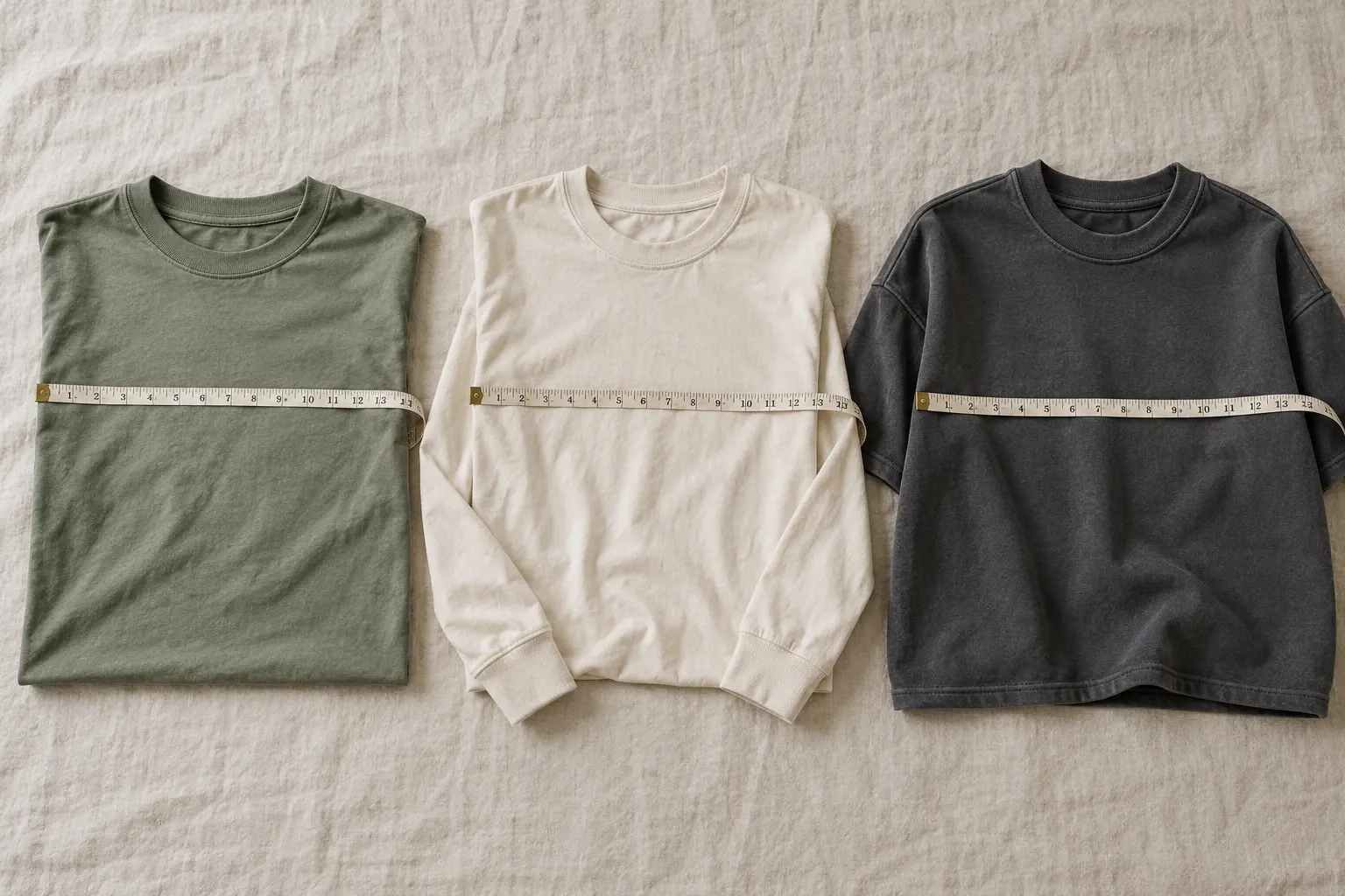 A flat-lay comparison of three folded cotton shirts on a pale linen surface: a midweight crewneck, a long-sleeve tee wit