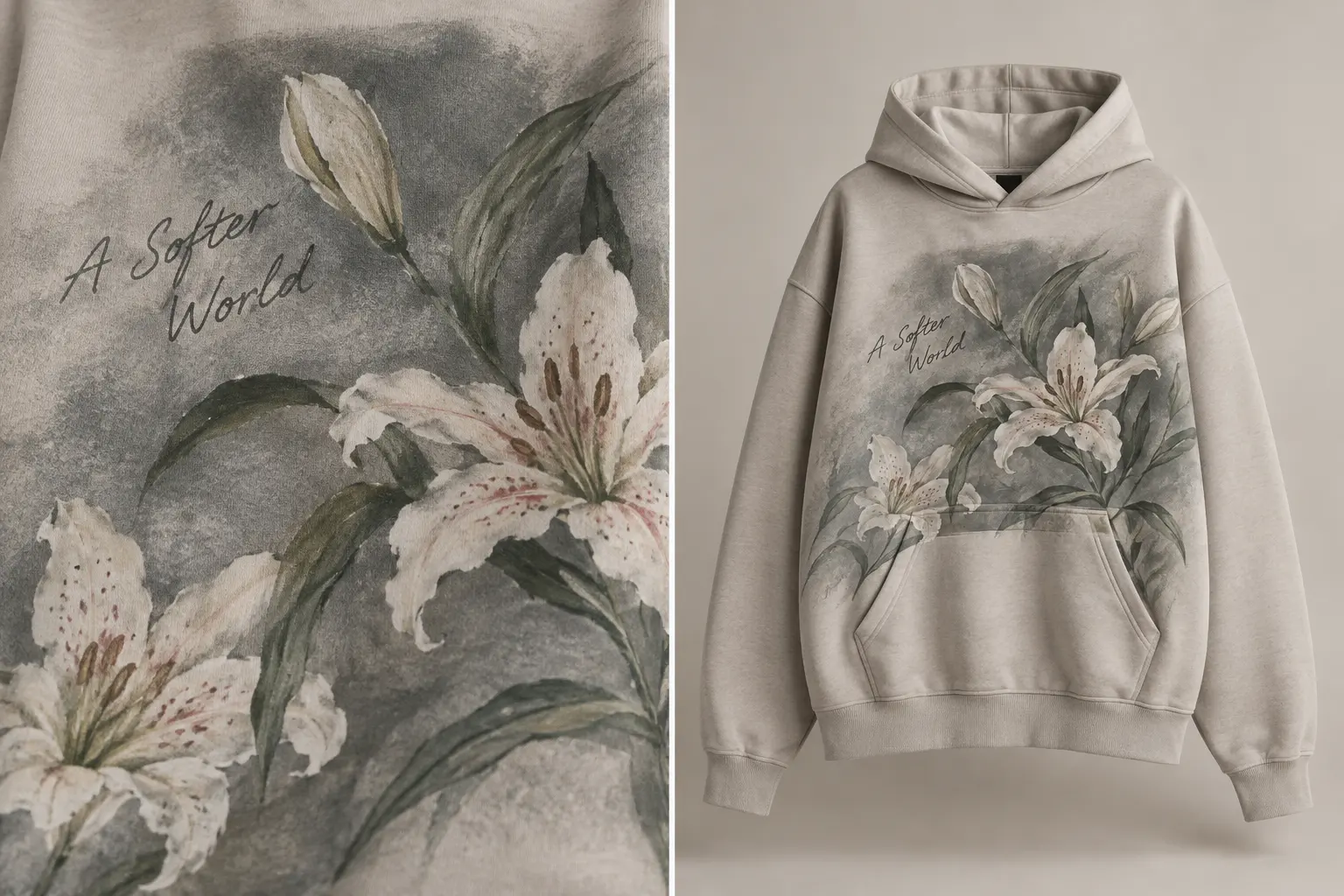 Show a close crop of the supplied floral artwork alongside a wider view of the same hoodie, preserving the actual letter