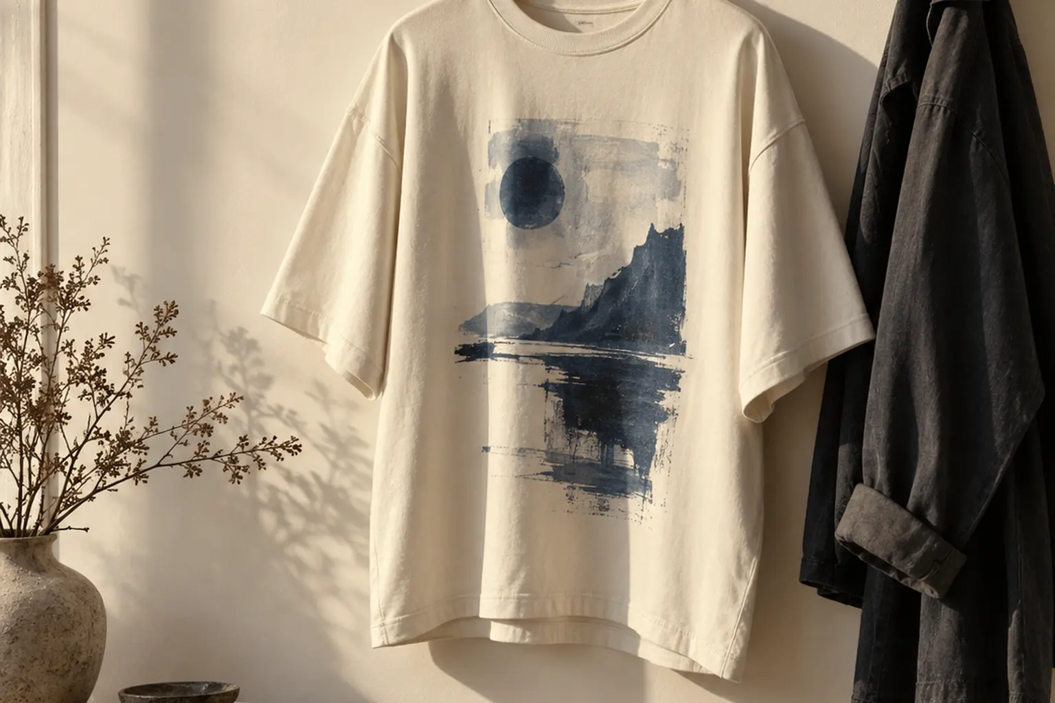 A cream oversized heavyweight T-shirt on a wooden hanger against a plain off-white wall, its front showing an abstract b