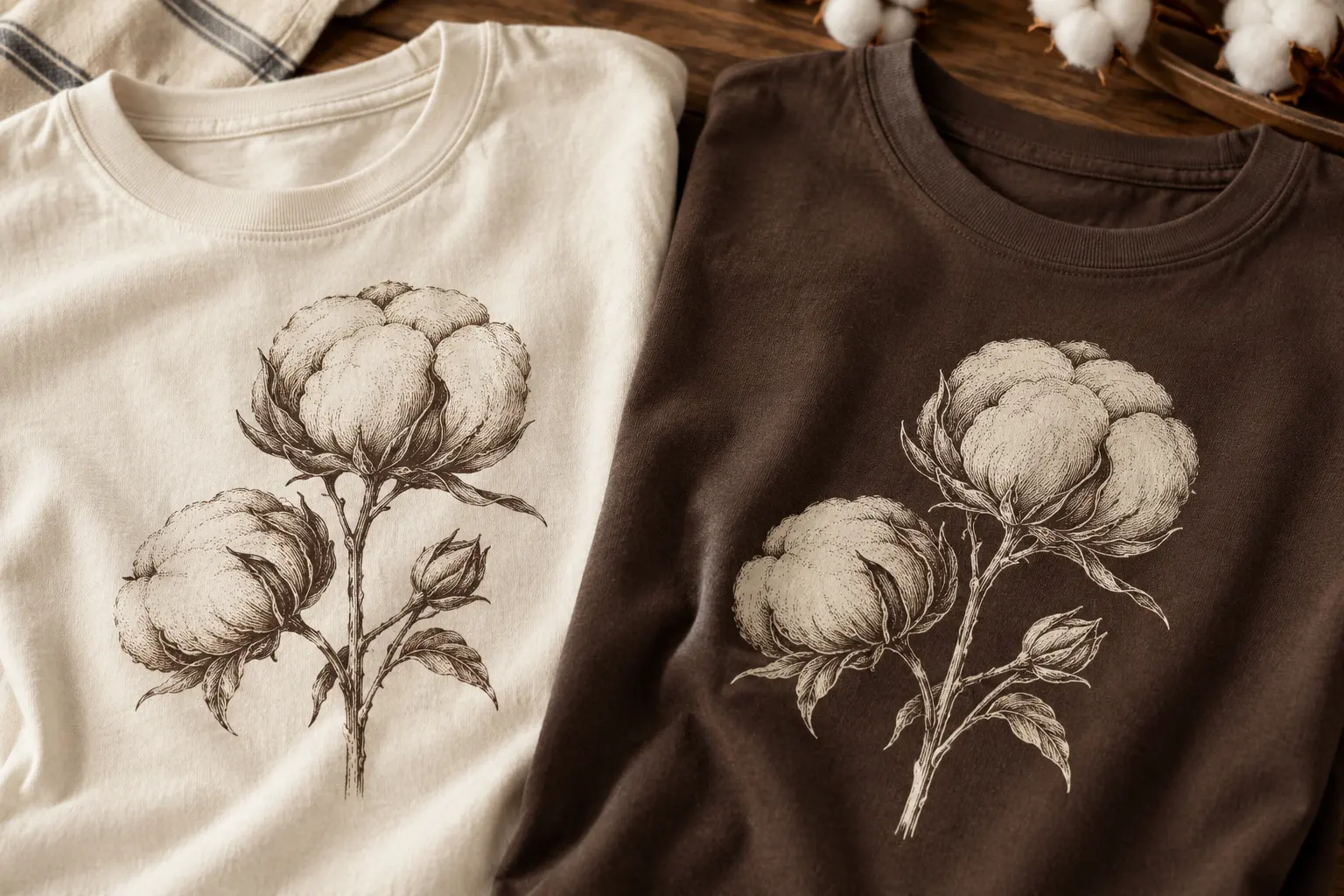 Close-up studio comparison of two heavyweight cotton tees side by side, one in natural cream and one in deep mocha, both