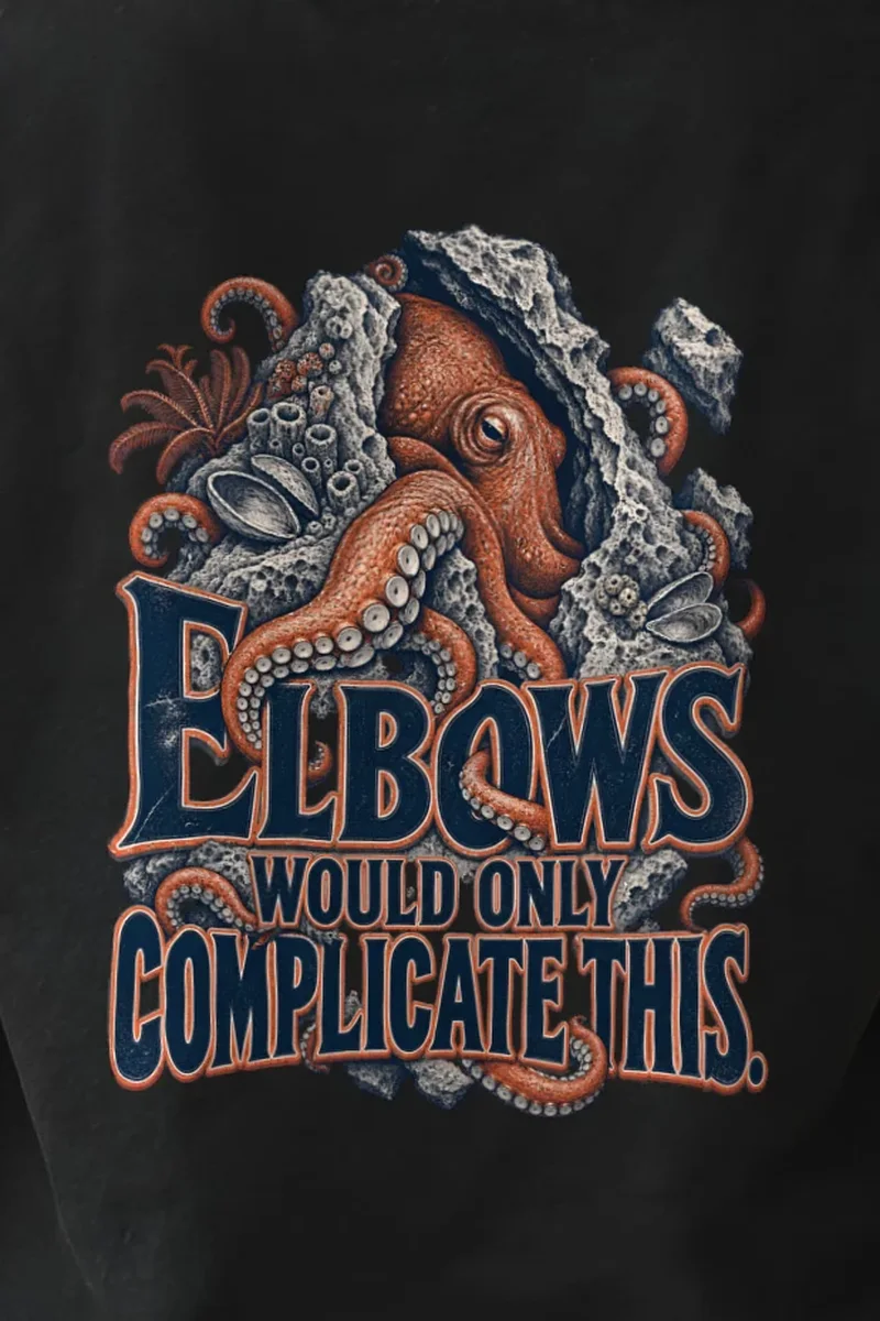 "Elbows Would Only Complicate This" Heavyweight Unisex Crewneck T-shirt - the graphic up close