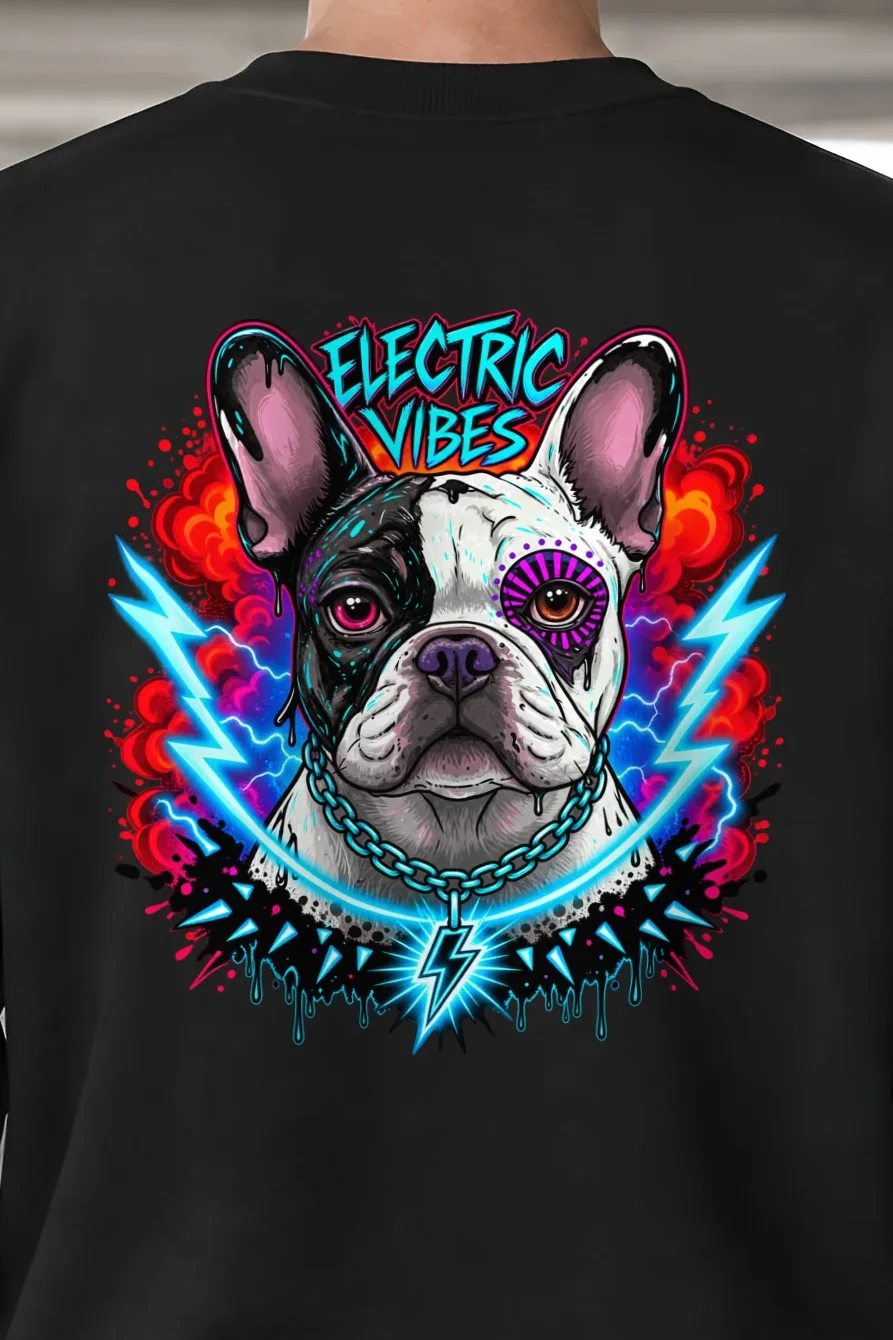 "Electric Vibes Bulldog" 1 Crewneck Sweatshirt - the graphic up close