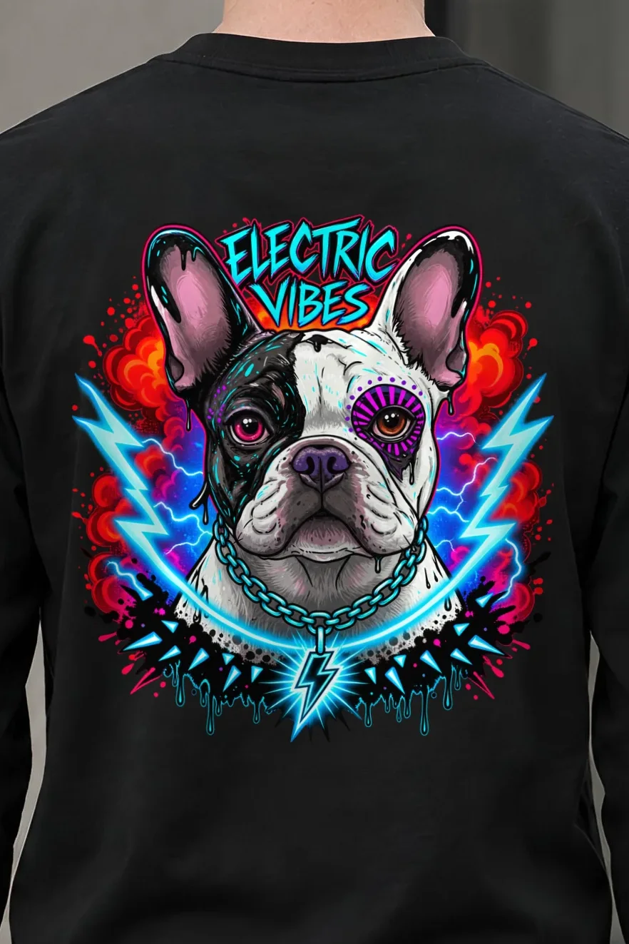 "Electric Vibes Bulldog" Unisex Longsleeve T-shirt - the graphic up close