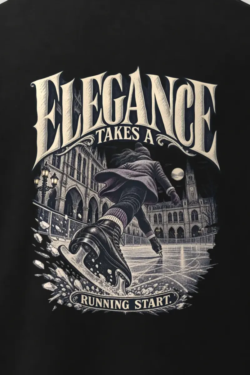 "Elegance Takes a Running Start" Men’s Oversized Heavyweight Crewneck T-Shirt - the graphic up close