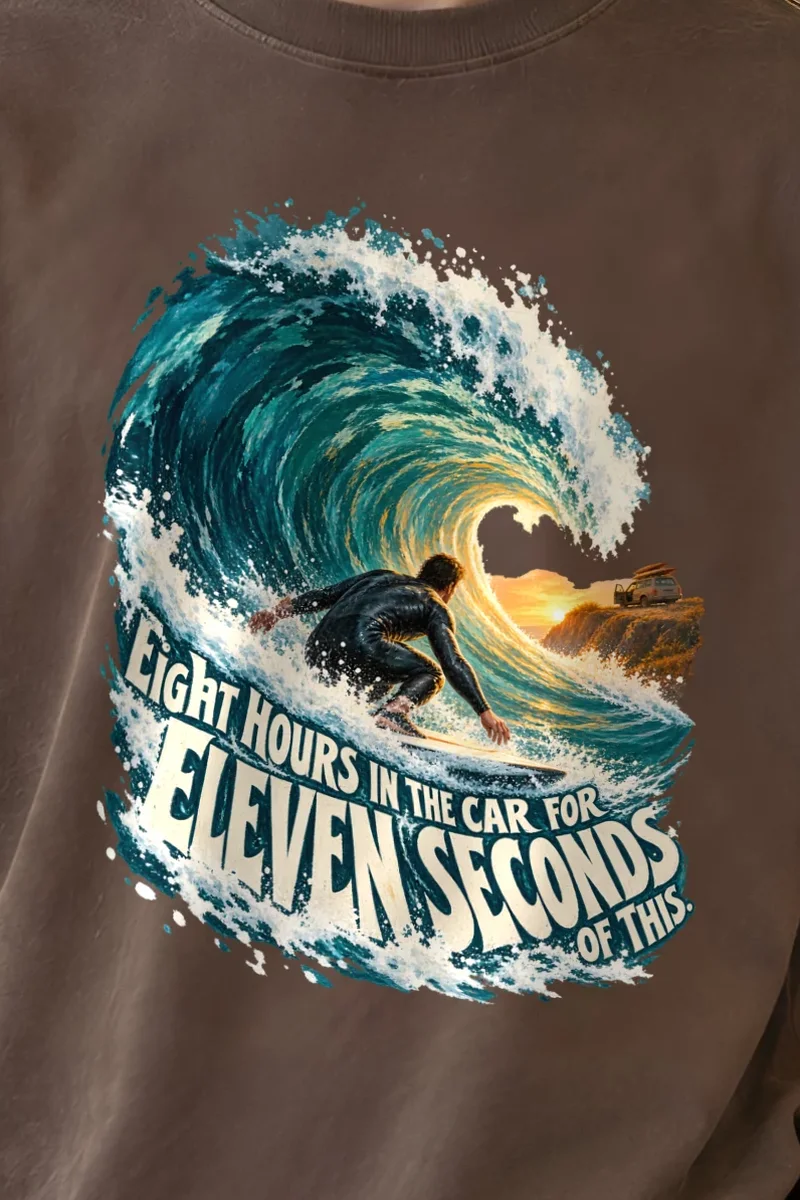 "Eleven Seconds Of This" Unisex Oversized Heavyweight Crewneck T-Shirt - the graphic up close