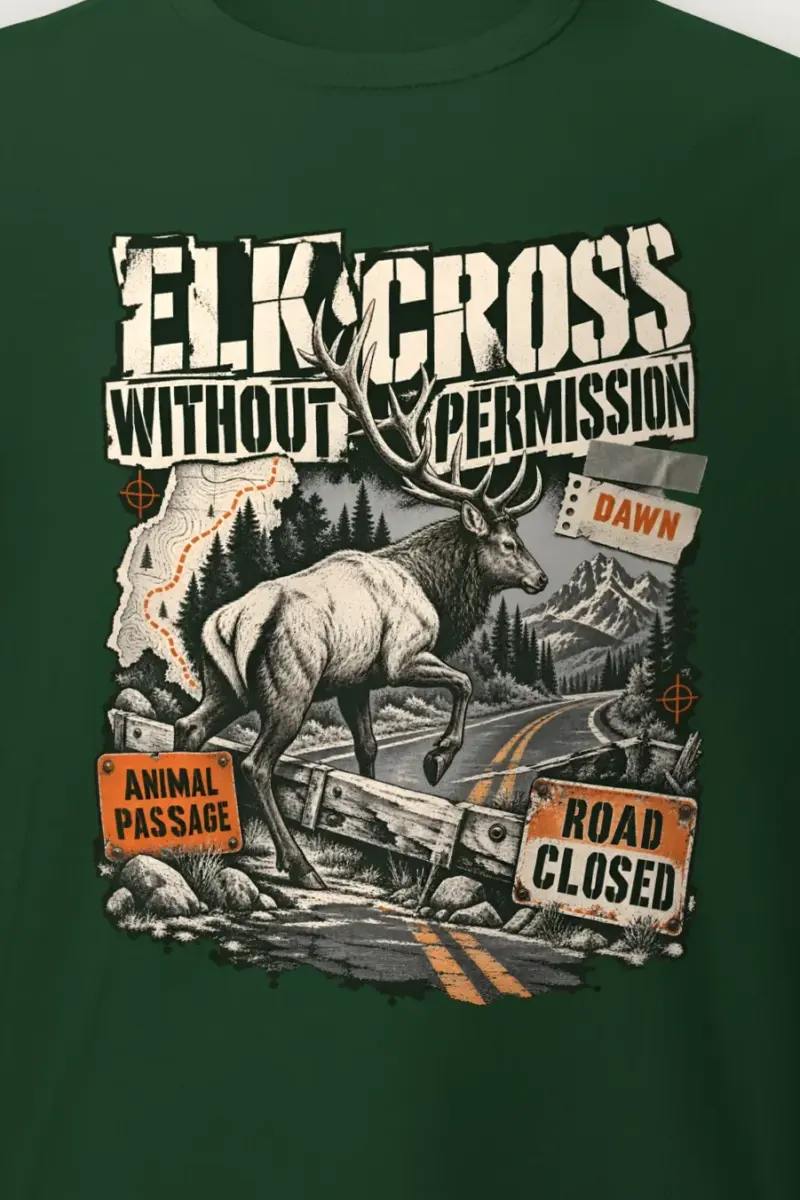 "Elk Cross Without Permission" Heavyweight Unisex Crewneck T-shirt - the graphic up close