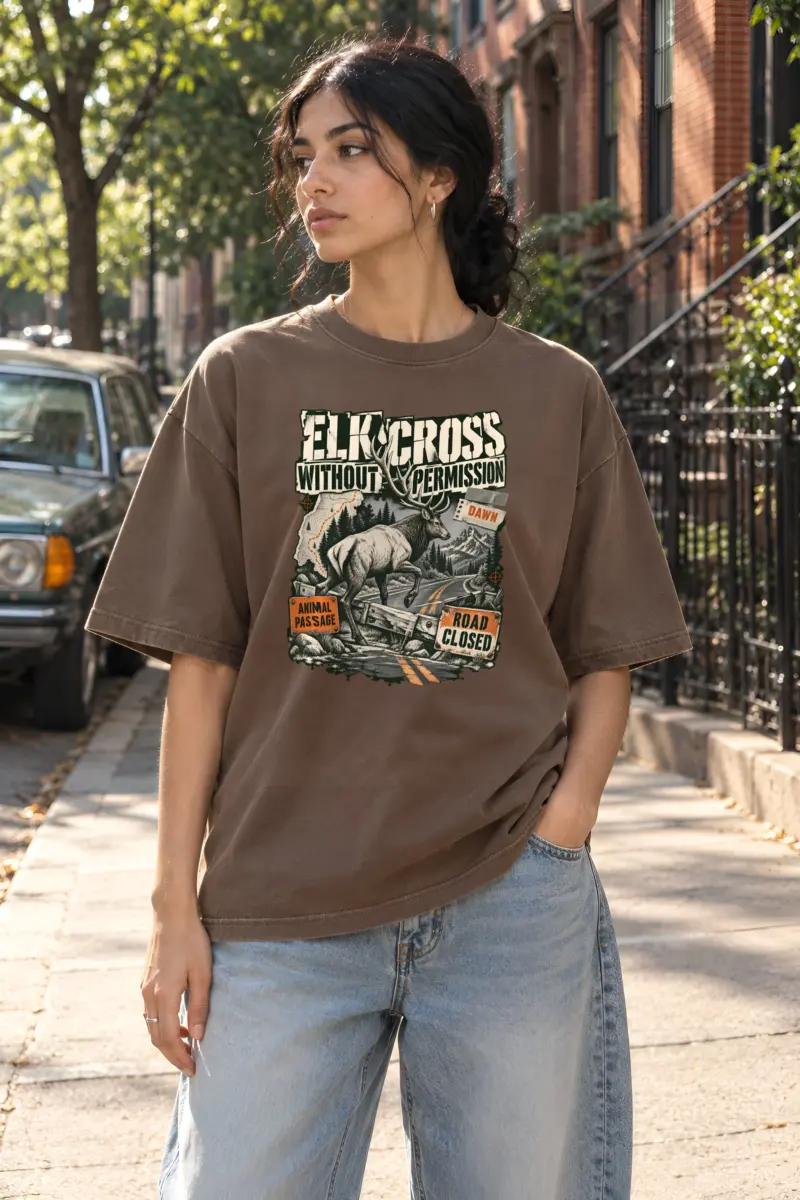 "Elk Cross Without Permission" Unisex Oversized Heavyweight Crewneck T-Shirt