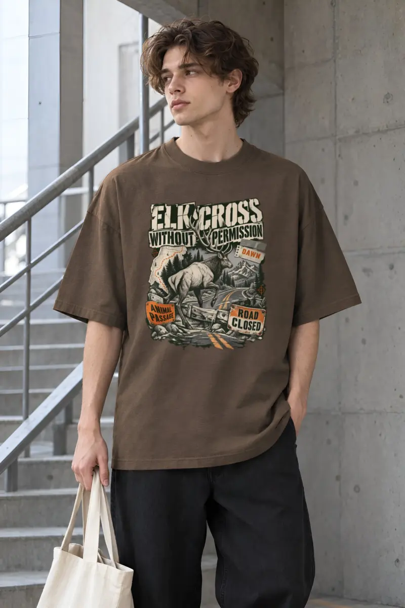 "Elk Cross Without Permission" Men's Oversized Heavyweight Crewneck T-Shirt
