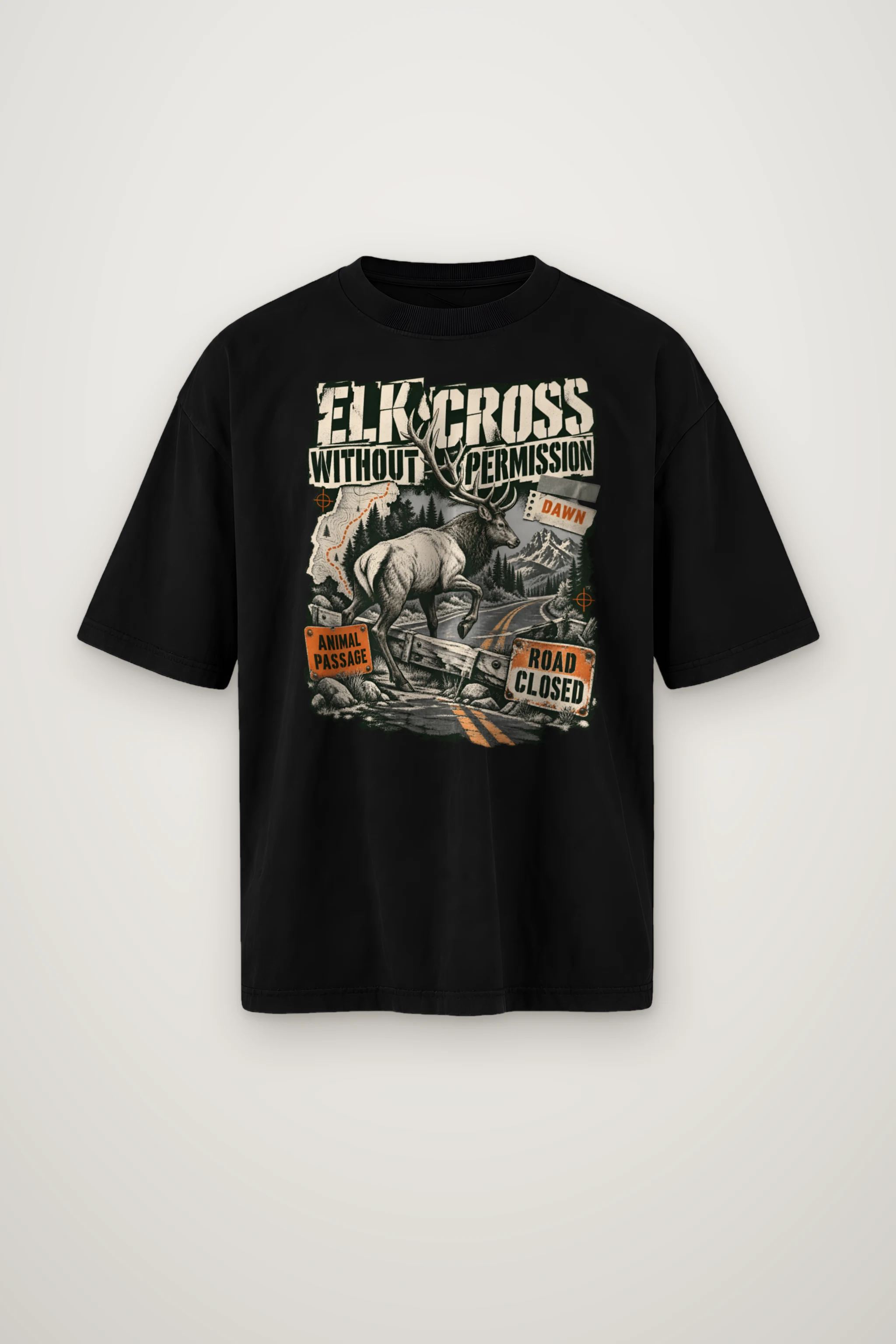 "Elk Cross Without Permission" Men's Oversized Heavyweight Crewneck T-Shirt
