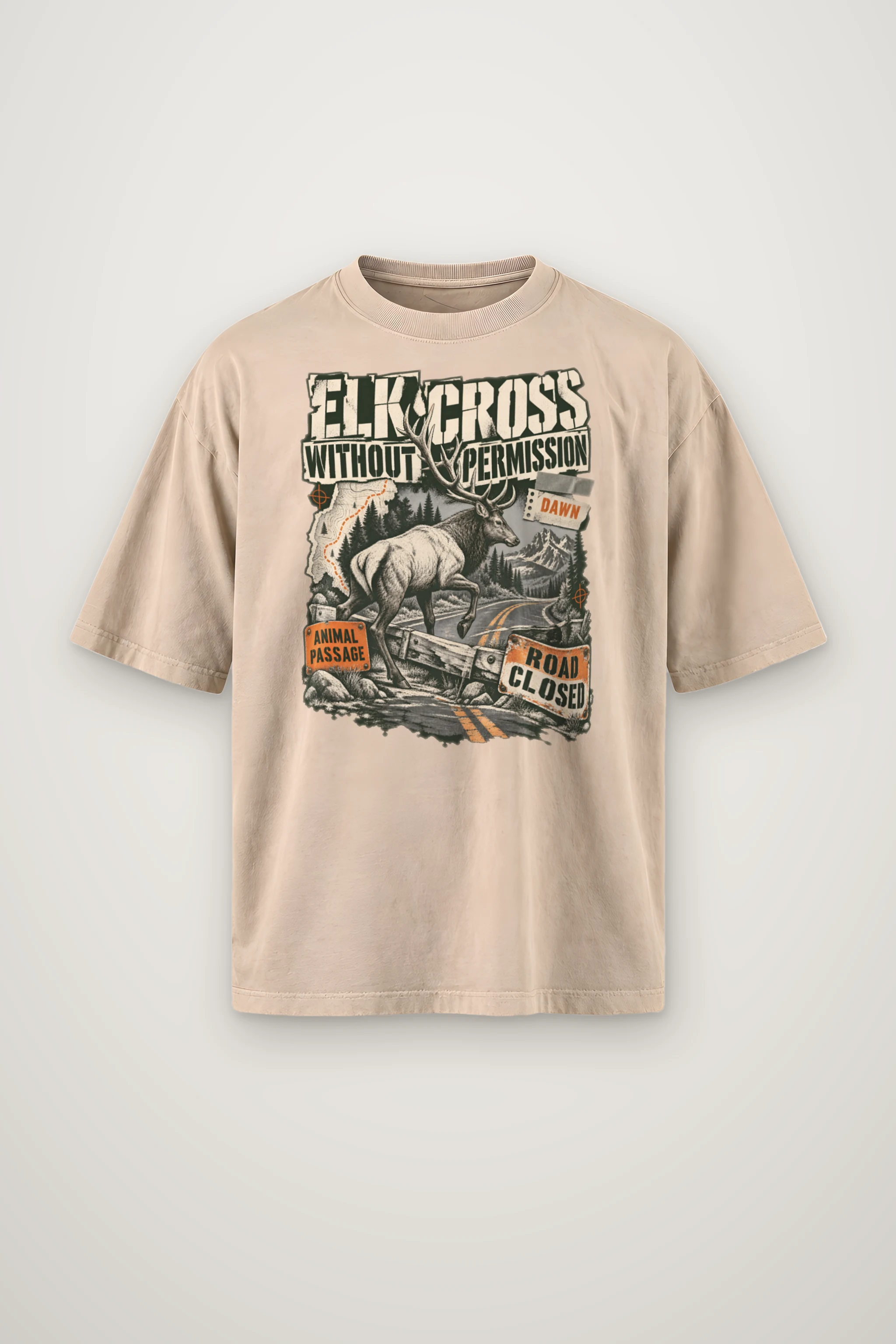 "Elk Cross Without Permission" Men's Oversized Heavyweight Crewneck T-Shirt