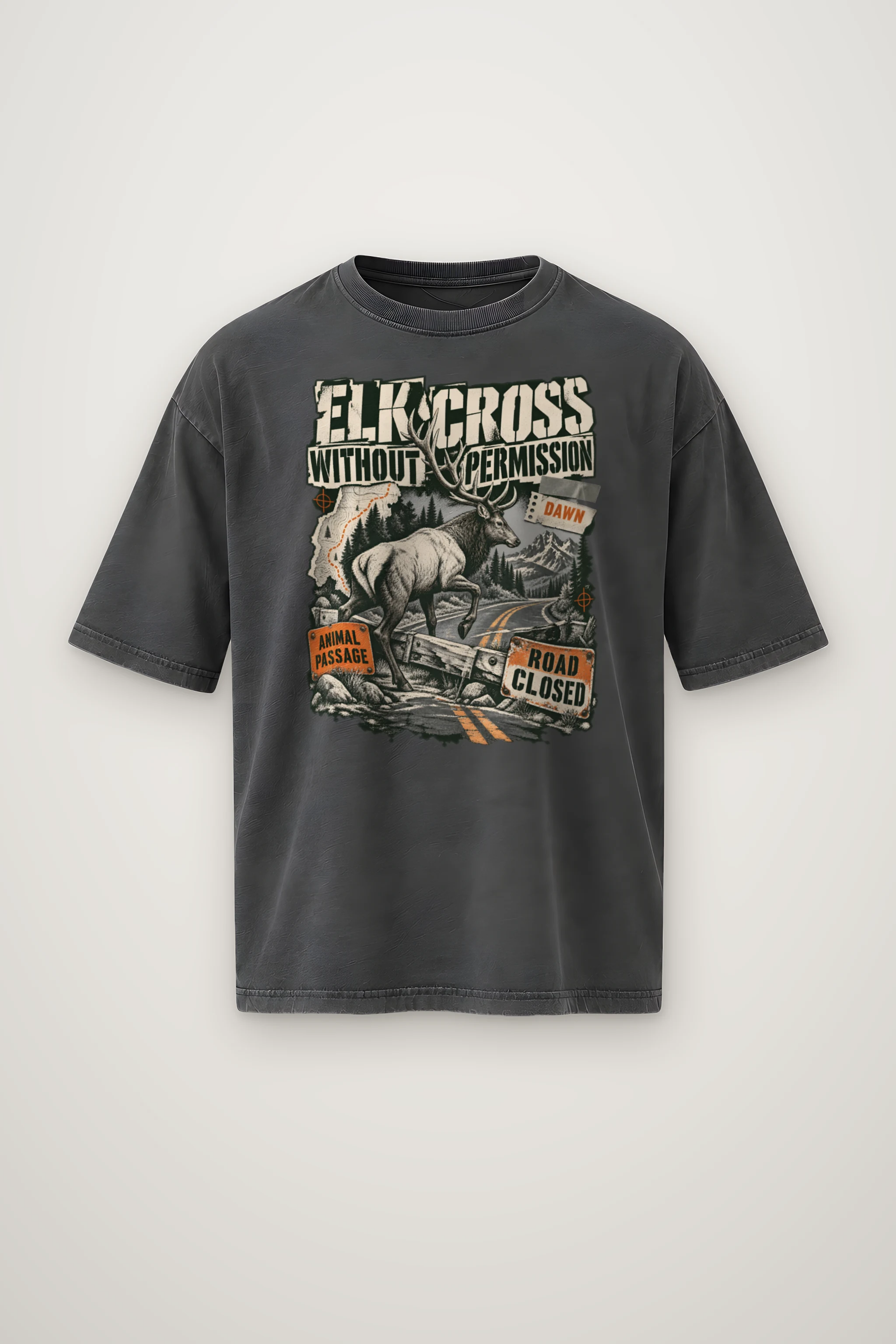 "Elk Cross Without Permission" Men's Oversized Heavyweight Crewneck T-Shirt