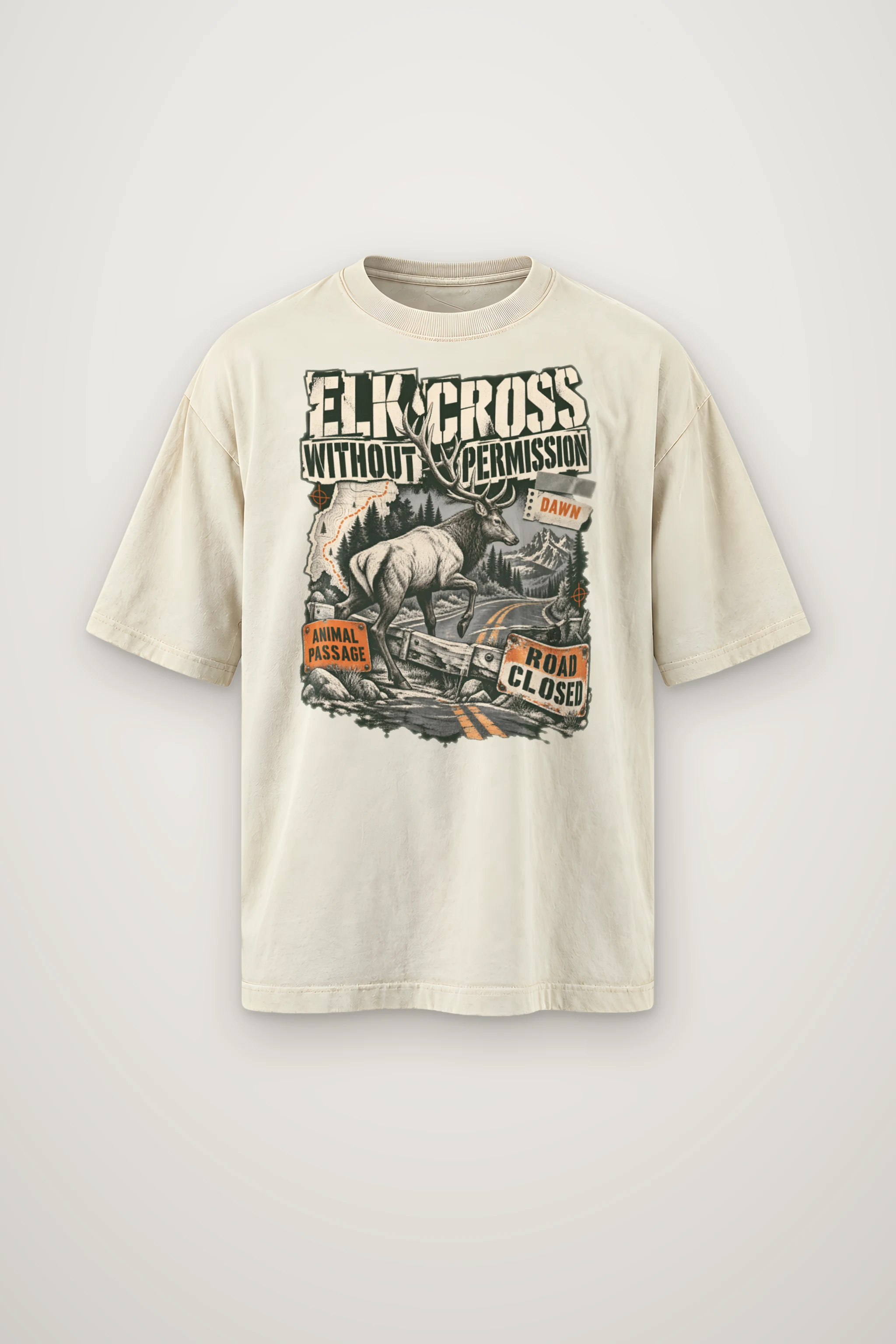"Elk Cross Without Permission" Men's Oversized Heavyweight Crewneck T-Shirt