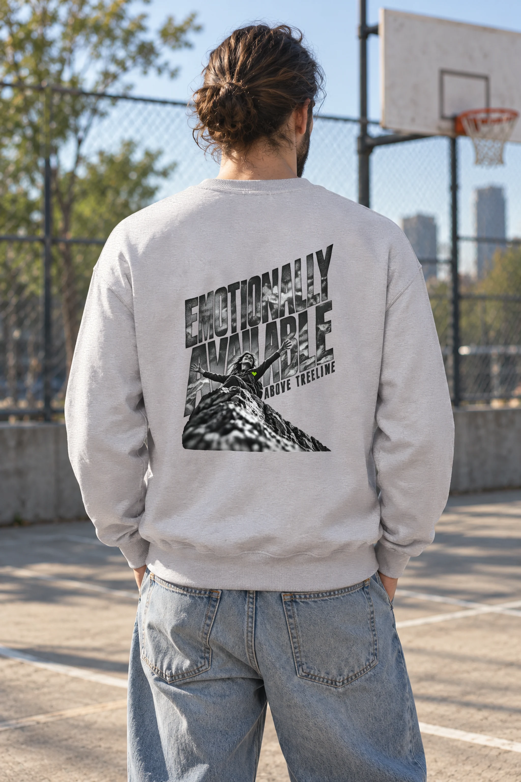 "Emotionally Available Above Treeline" Heavy Blend Unisex Crewneck Sweatshirt