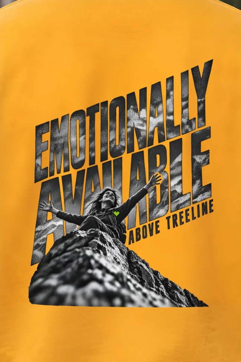 "Emotionally Available Above Treeline" Heavy Blend Unisex Crewneck Sweatshirt - the graphic up close