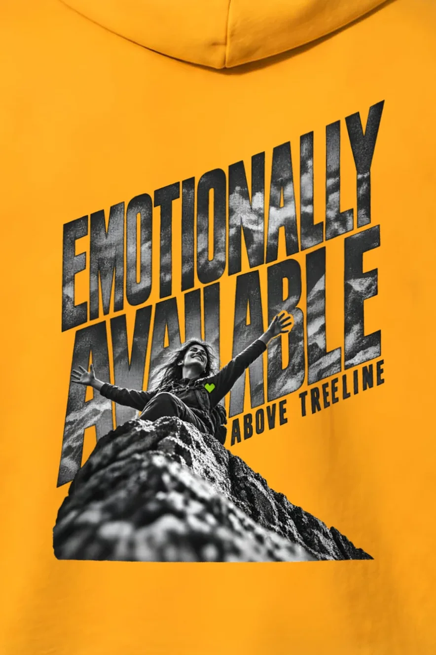"Emotionally Available Above Treeline" Heavy Blend Unisex Pullover Hoodie - the graphic up close