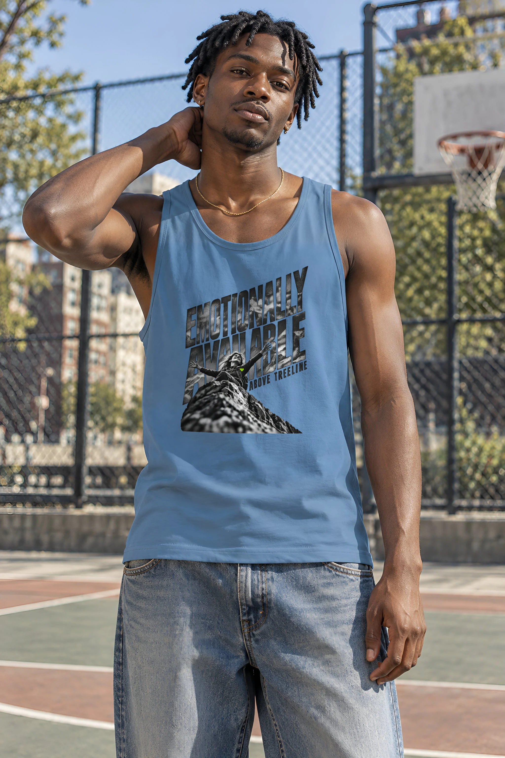 "Emotionally Available Above Treeline" Unisex Jersey Tank