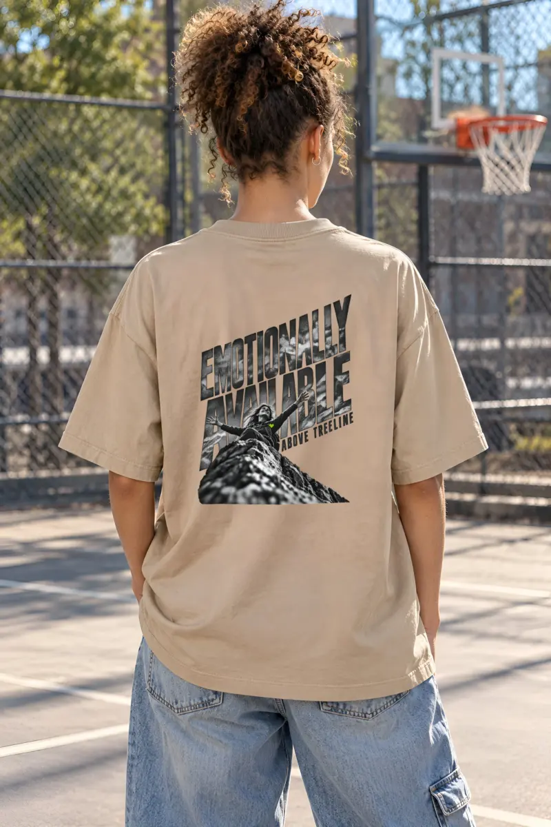 "Emotionally Available Above Treeline" Unisex Oversized Heavyweight Crewneck T-Shirt