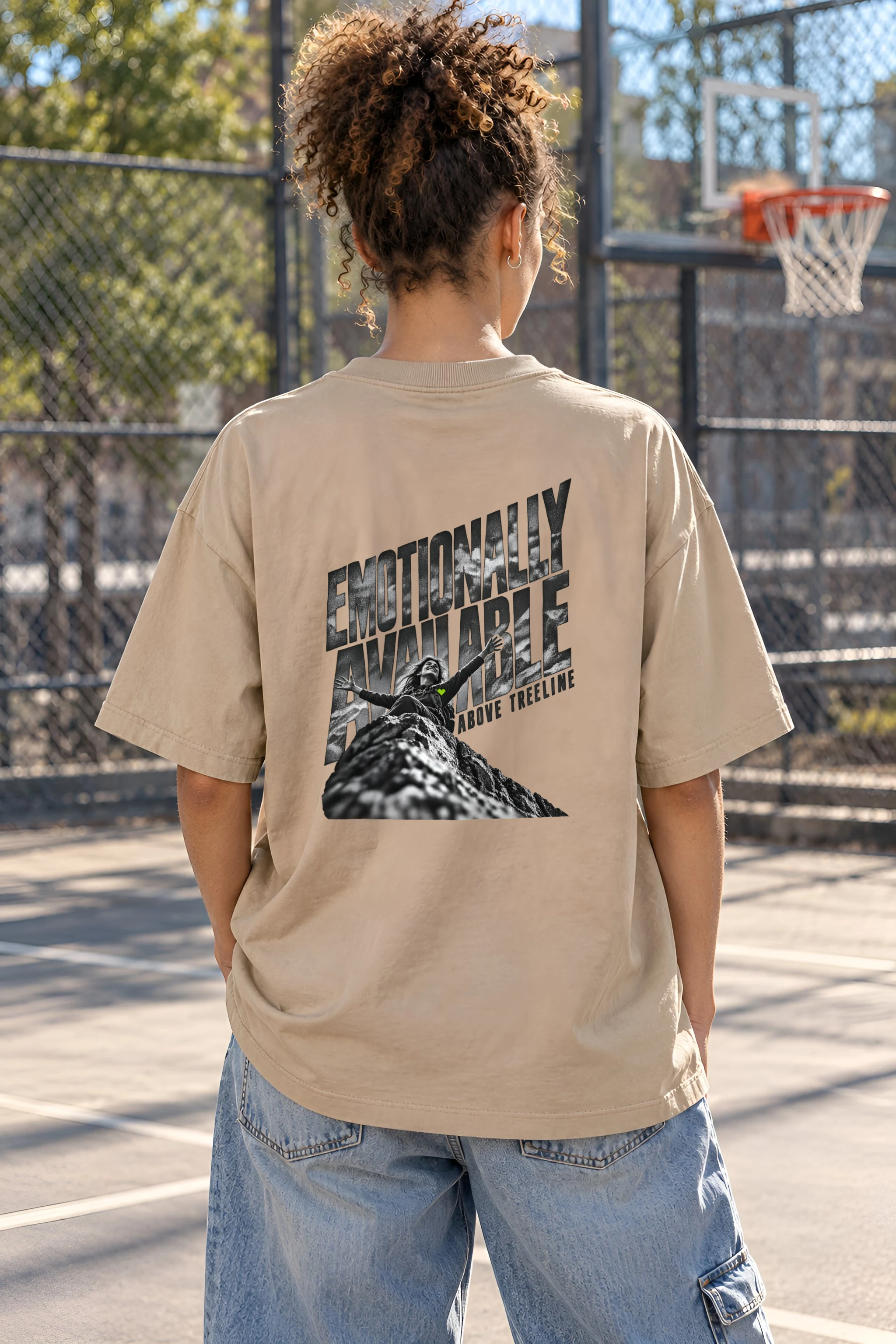 "Emotionally Available Above Treeline" Unisex Oversized Heavyweight Crewneck T-Shirt