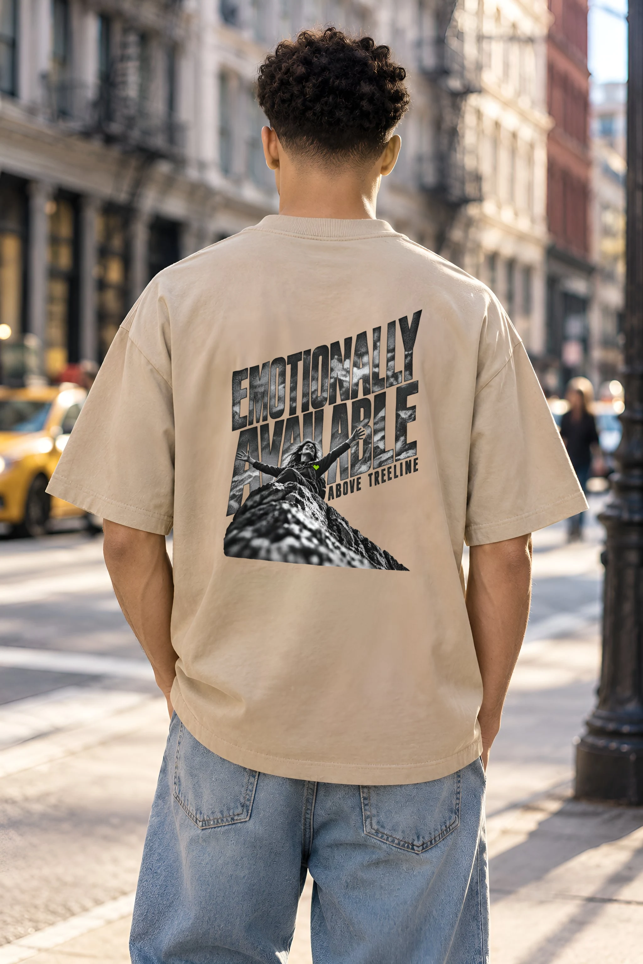 "Emotionally Available Above Treeline" Unisex Oversized Heavyweight Crewneck T-Shirt