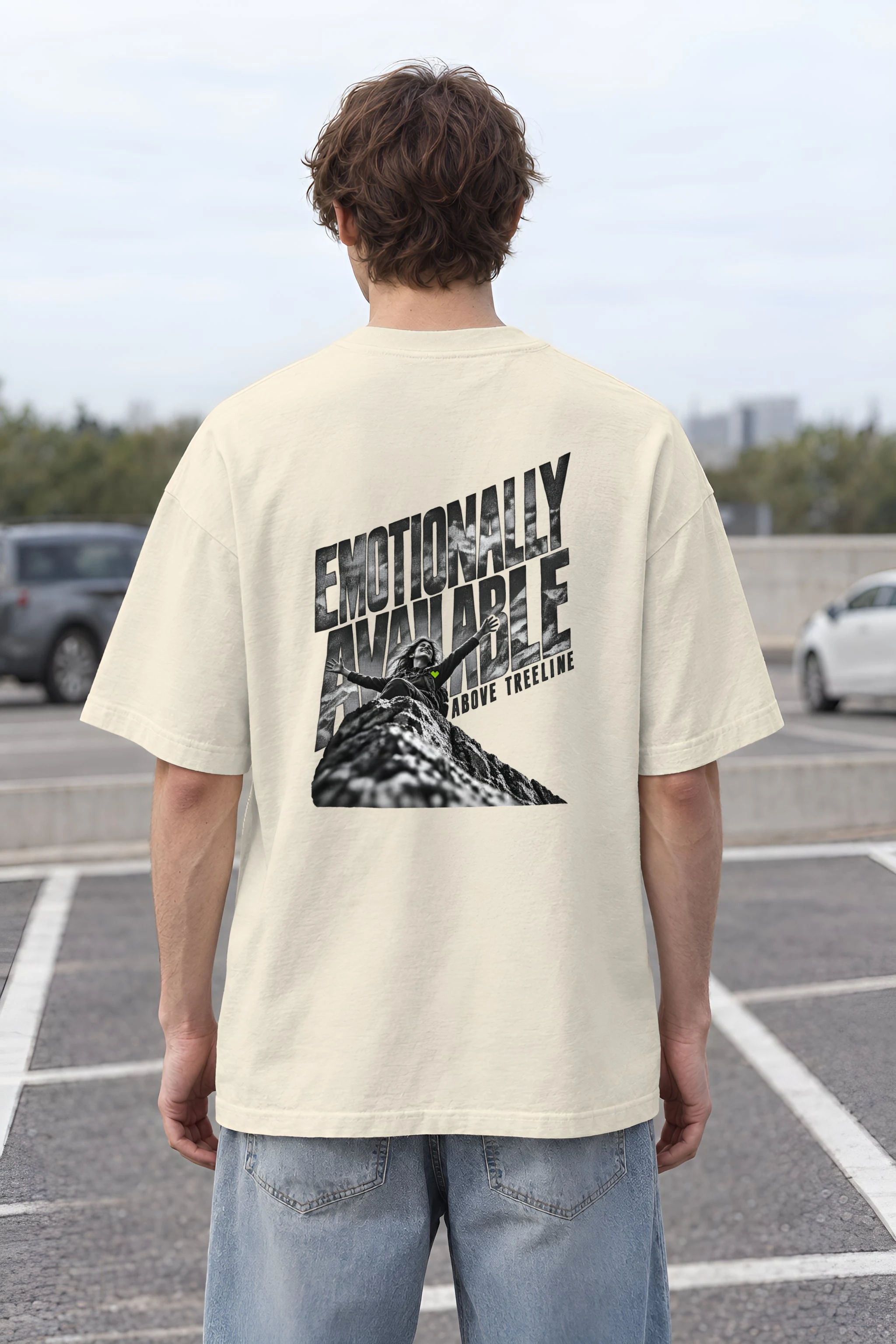 "Emotionally Available Above Treeline" Unisex Oversized Heavyweight Crewneck T-Shirt