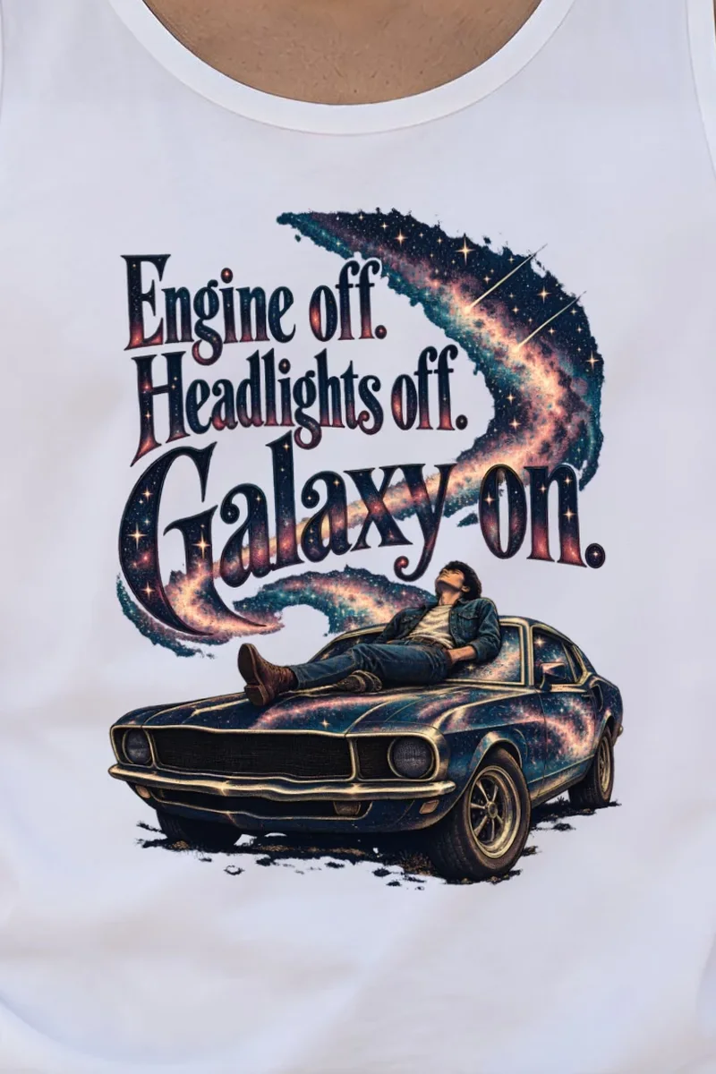 "Engine Off Galaxy On" Unisex Jersey Tank - the graphic up close