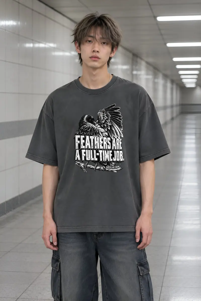 “Engraved American Crow” Men’s Oversized Heavyweight Crewneck T-Shirt