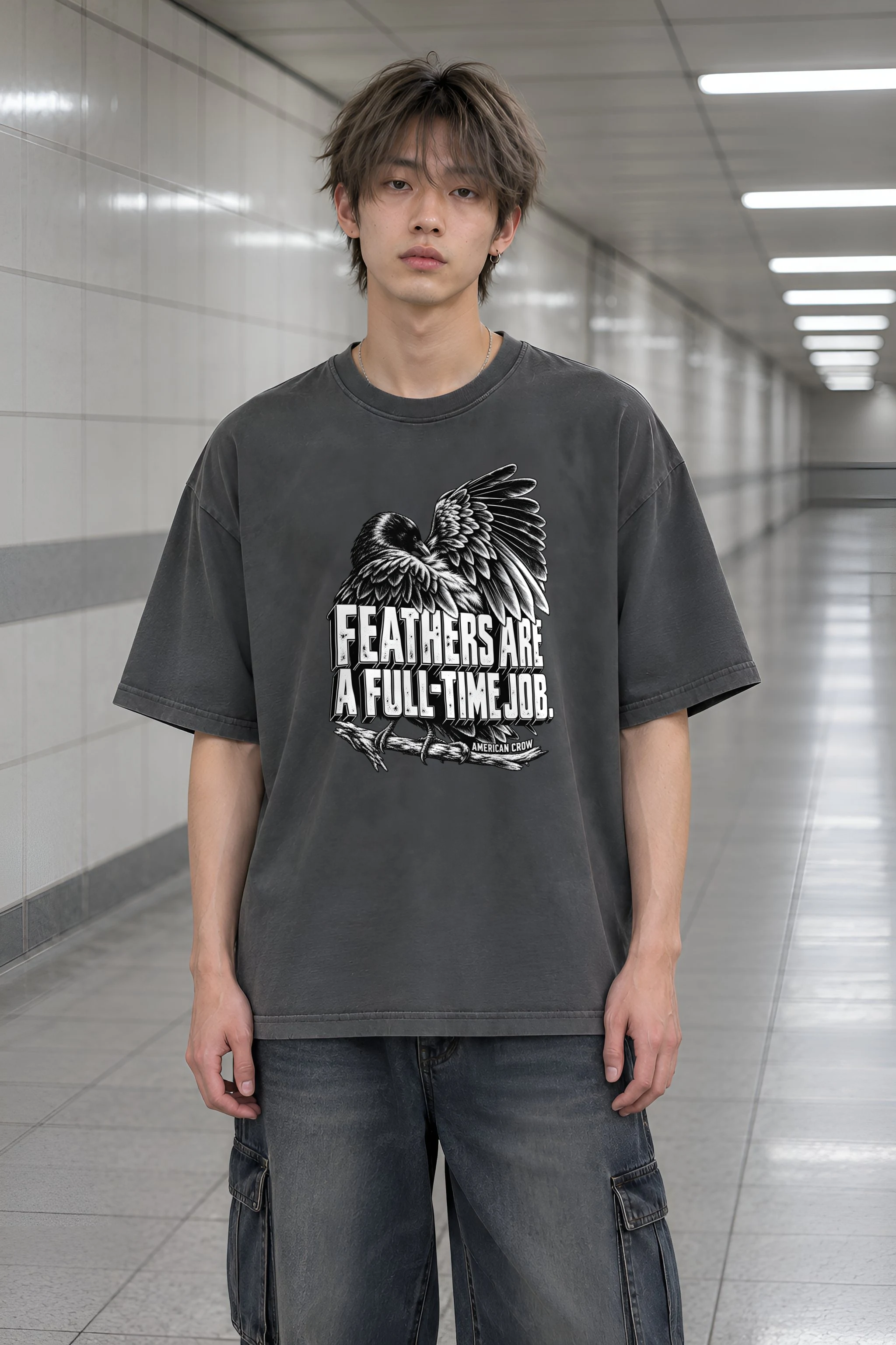"Engraved American Crow" Men's Oversized Heavyweight Crewneck T-Shirt