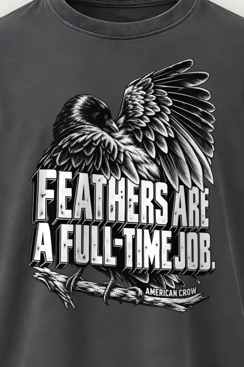 "Engraved American Crow" Men’s Oversized Heavyweight Crewneck T-Shirt - the graphic up close