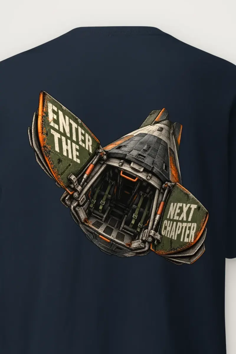 "Enter the Next Chapter" Heavyweight Unisex Crewneck T-shirt - the graphic up close