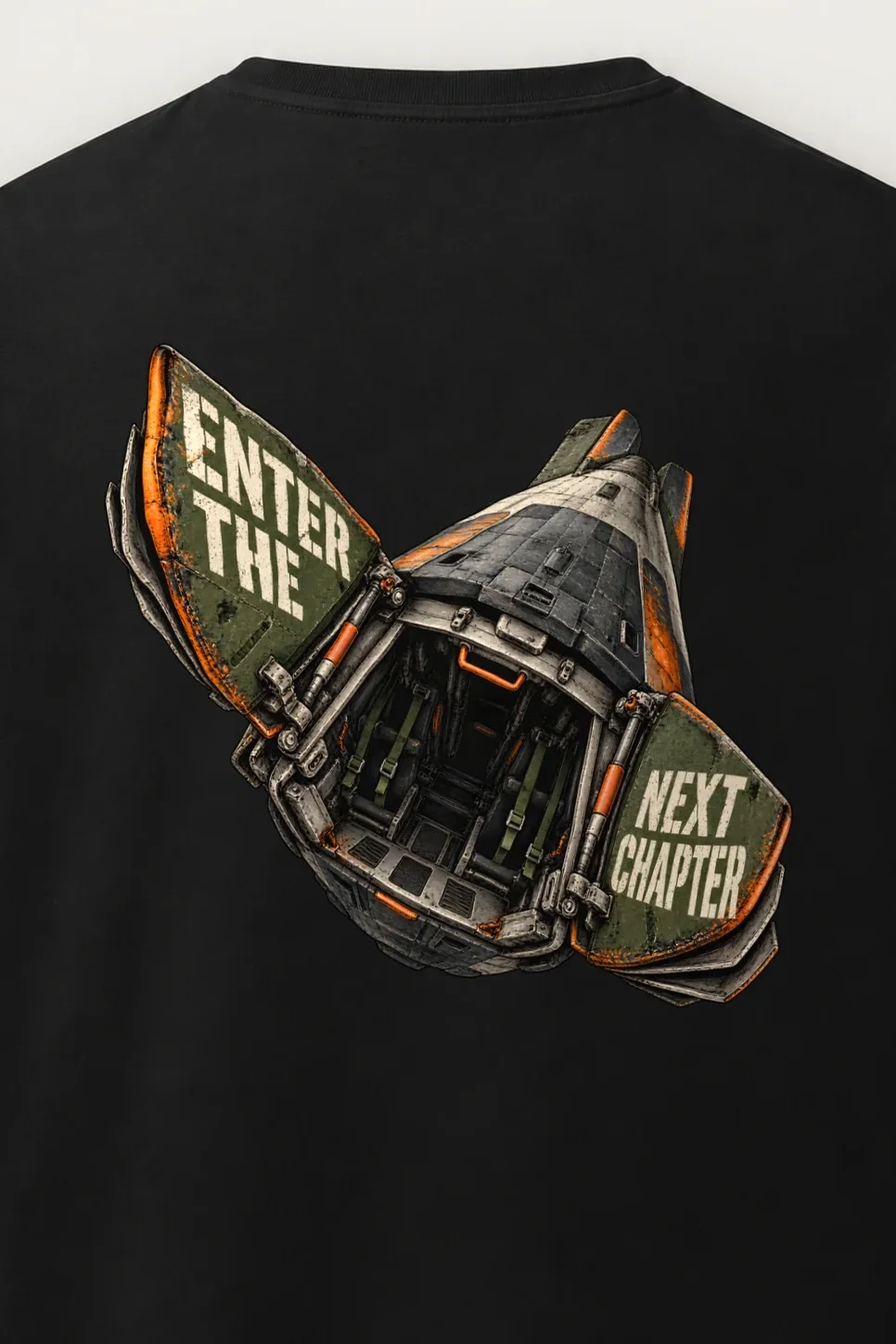 "Enter the Next Chapter" Men’s Oversized Heavyweight Crewneck T-Shirt - the graphic up close