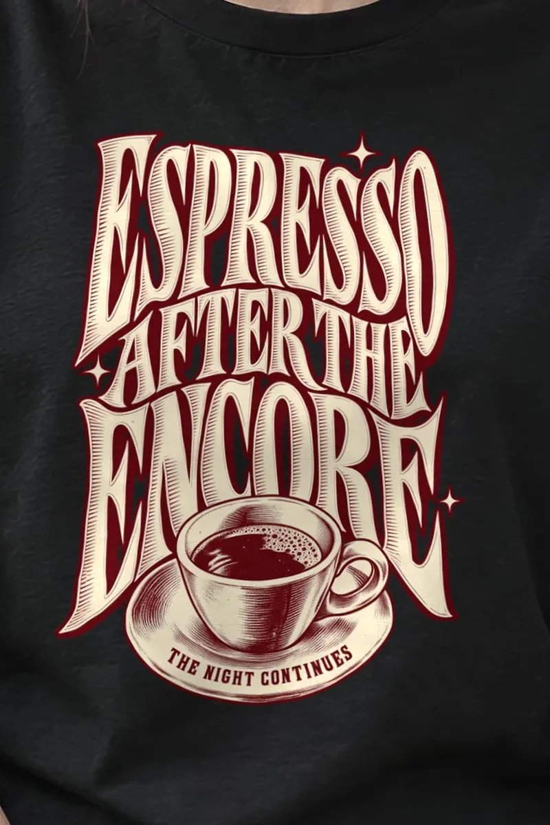 "Espresso After the Encore" Heavyweight Unisex Crewneck T-shirt - the graphic up close