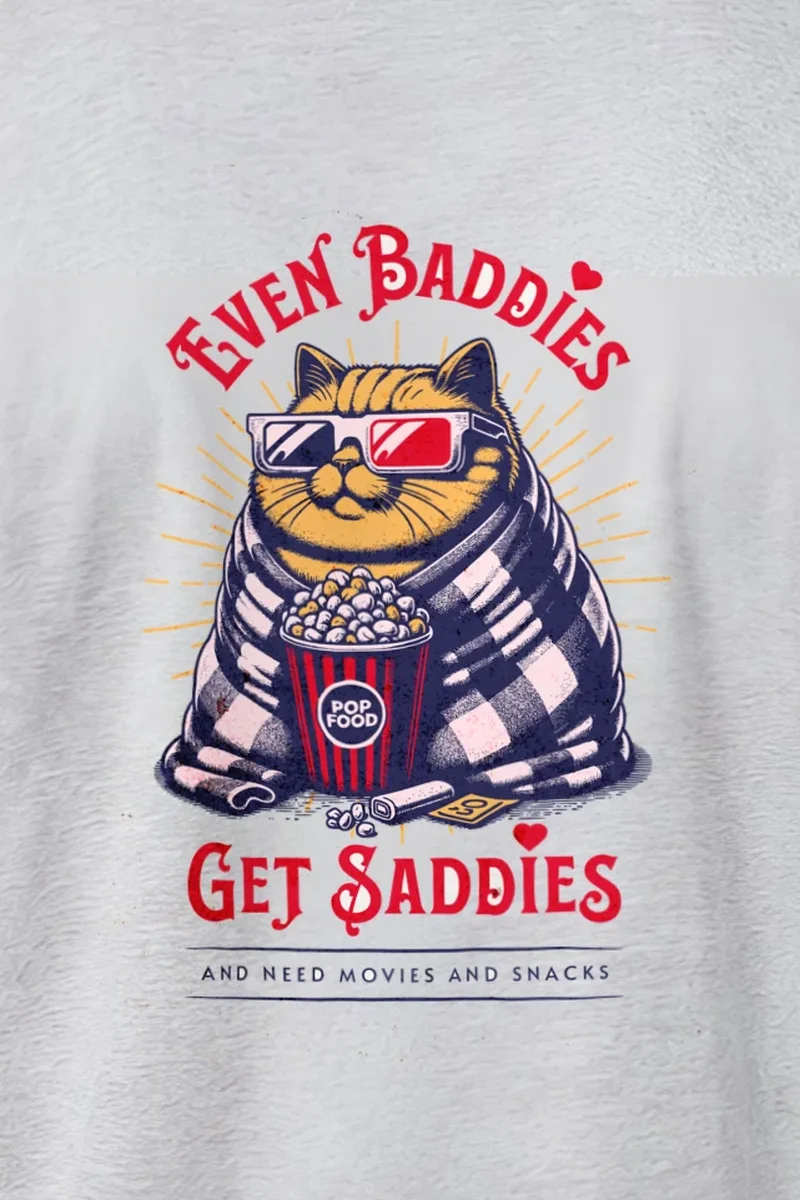 "Even Baddies Get Saddies" Heavyweight Unisex Crewneck T-shirt - the graphic up close