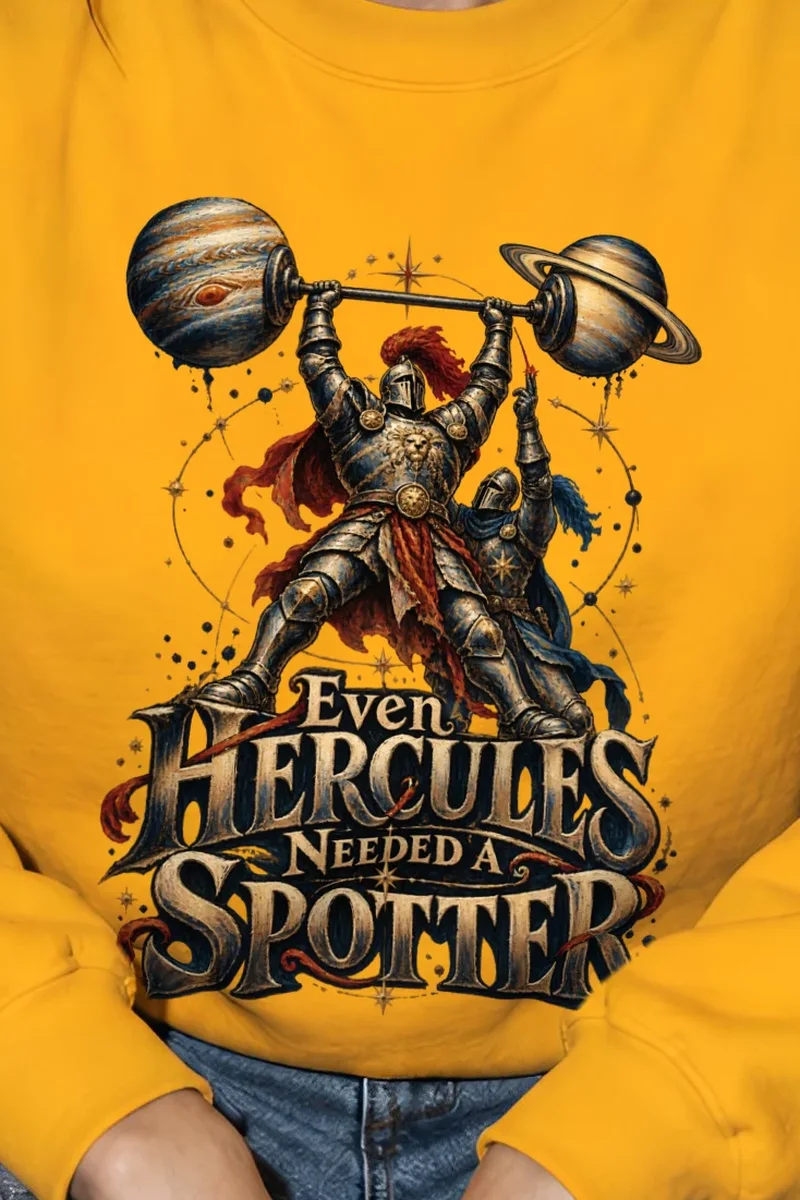 "Even Hercules Needed A Spotter" Heavy Blend Unisex Crewneck Sweatshirt - the graphic up close