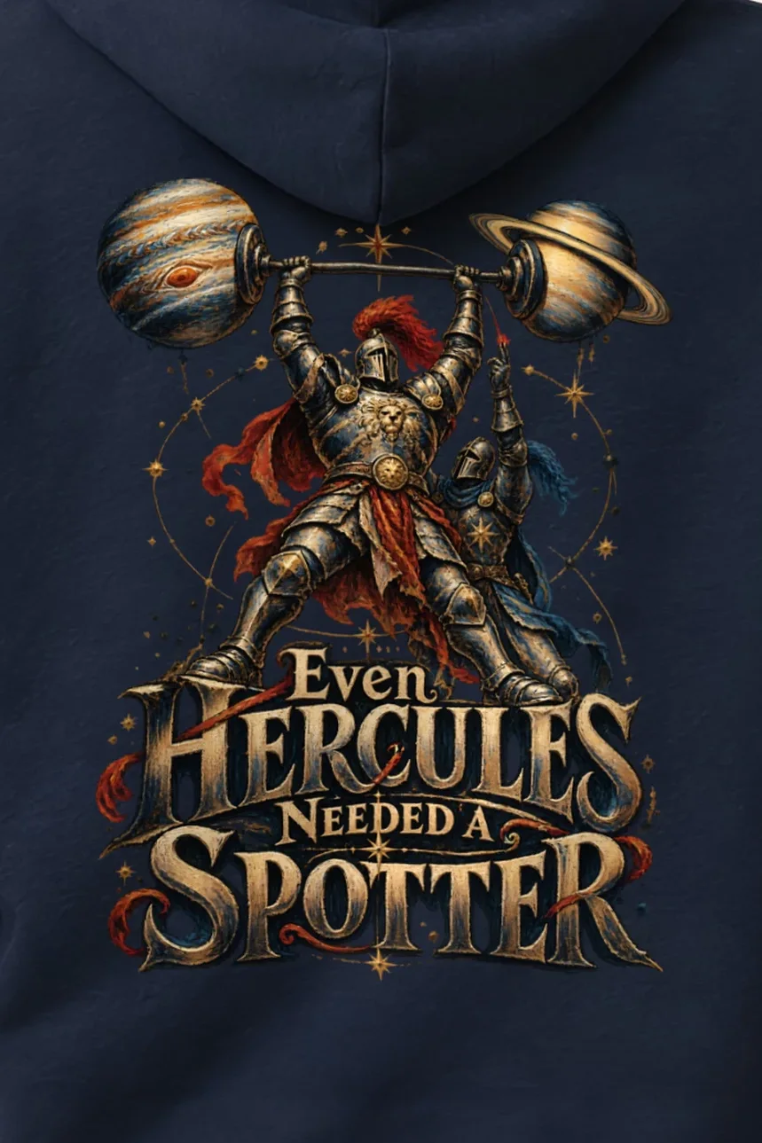 "Even Hercules Needed A Spotter" Heavy Blend Unisex Pullover Hoodie - the graphic up close
