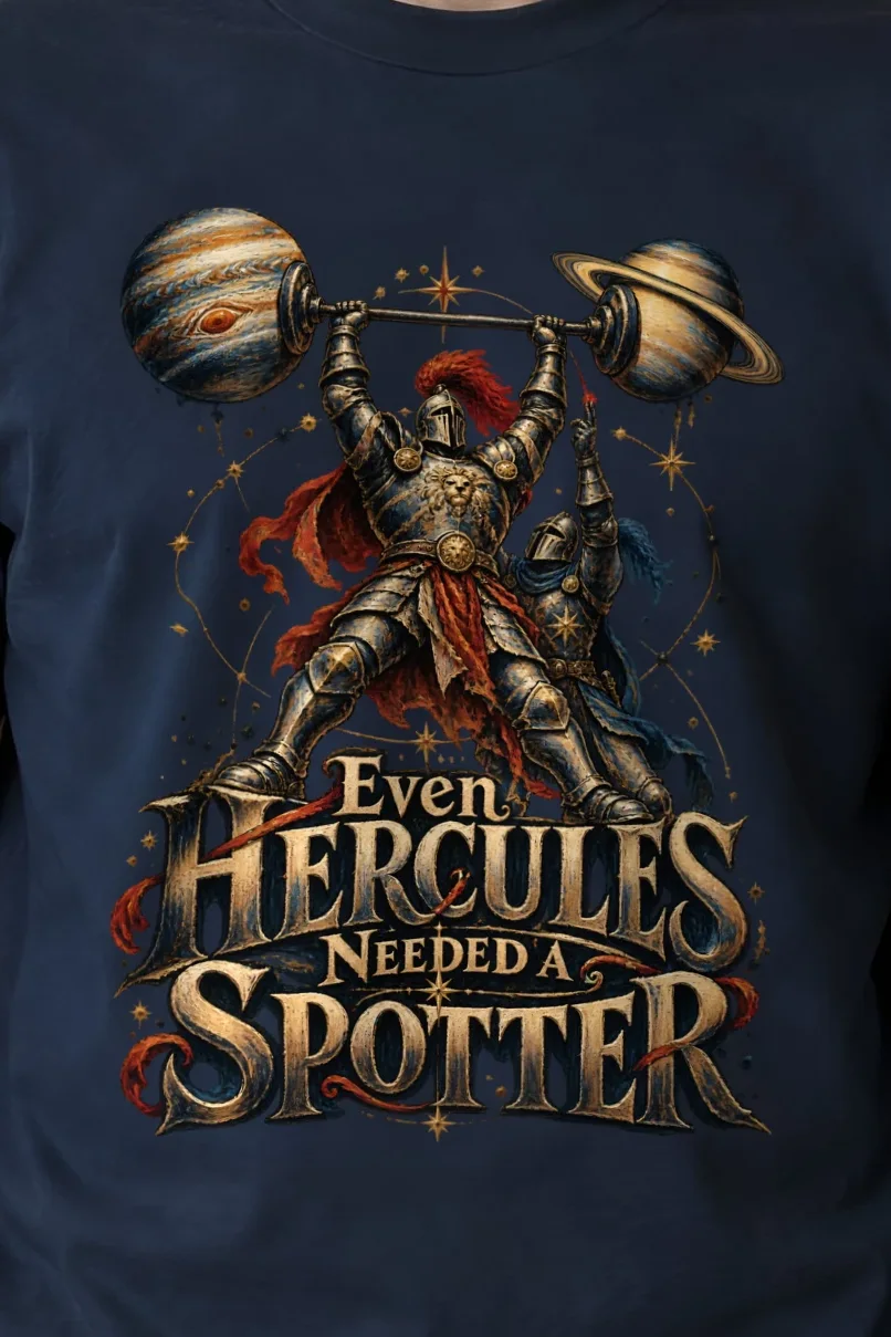 "Even Hercules Needed a Spotter" Unisex Longsleeve T-shirt - the graphic up close