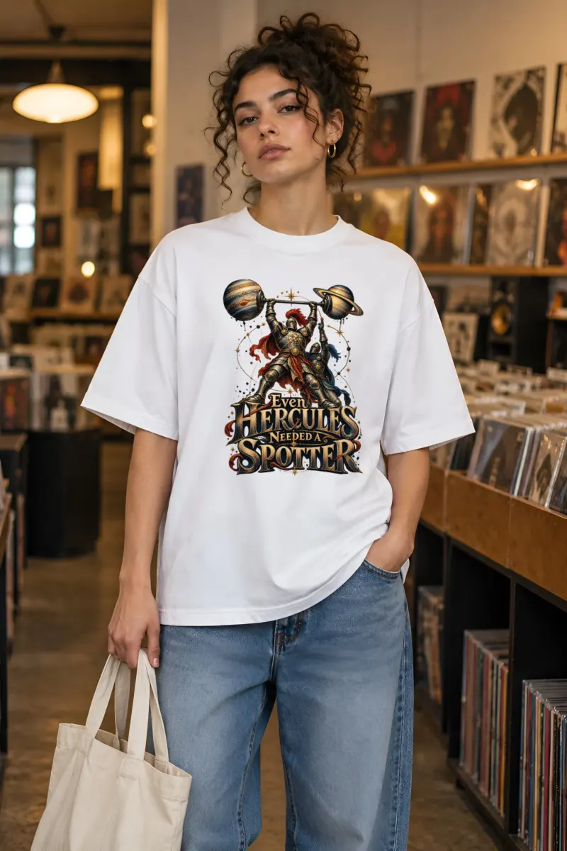"Even Hercules Needed a Spotter" Unisex Oversized Heavyweight Crewneck T-Shirt